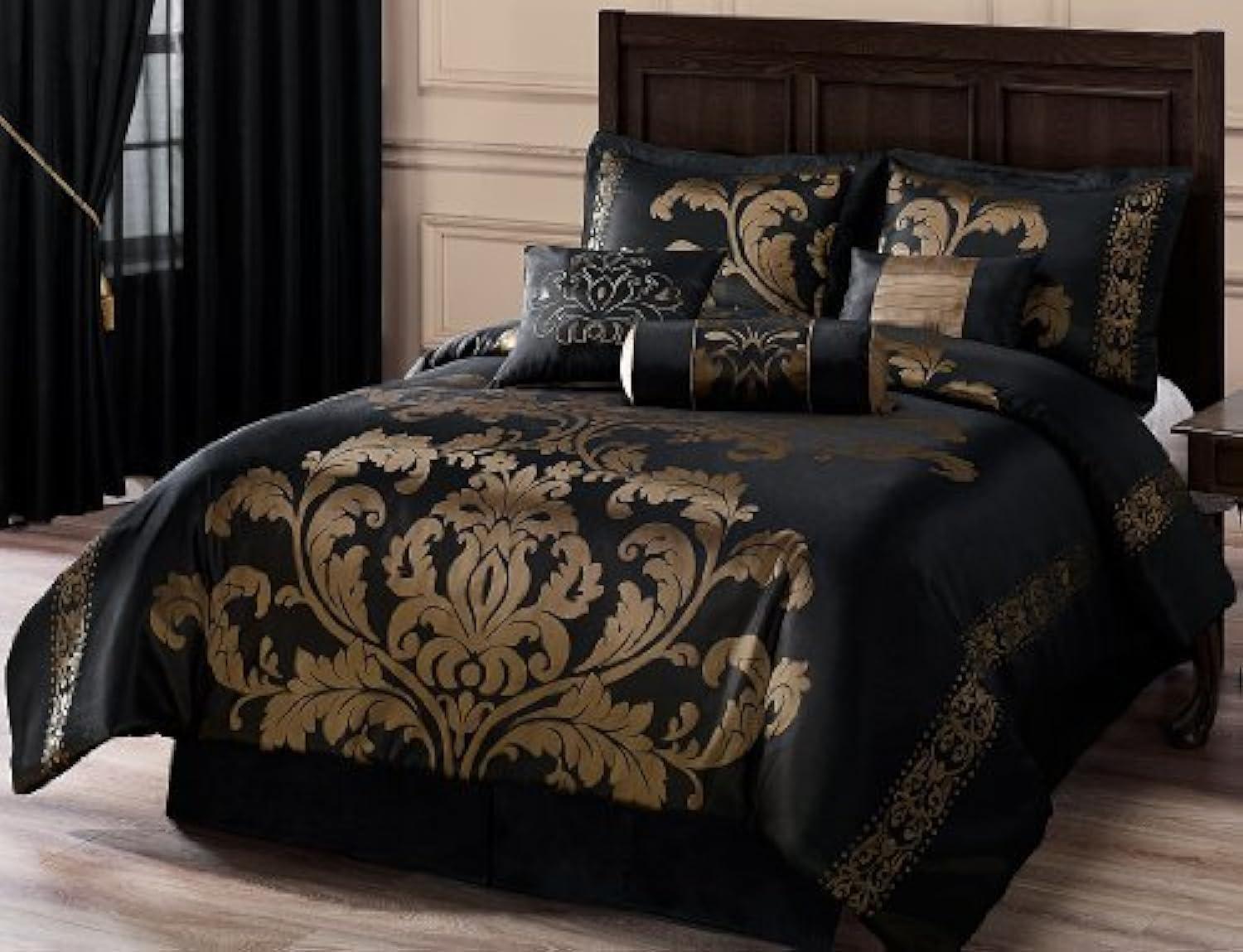 Full Black and Gold Jacquard Floral Comforter Set