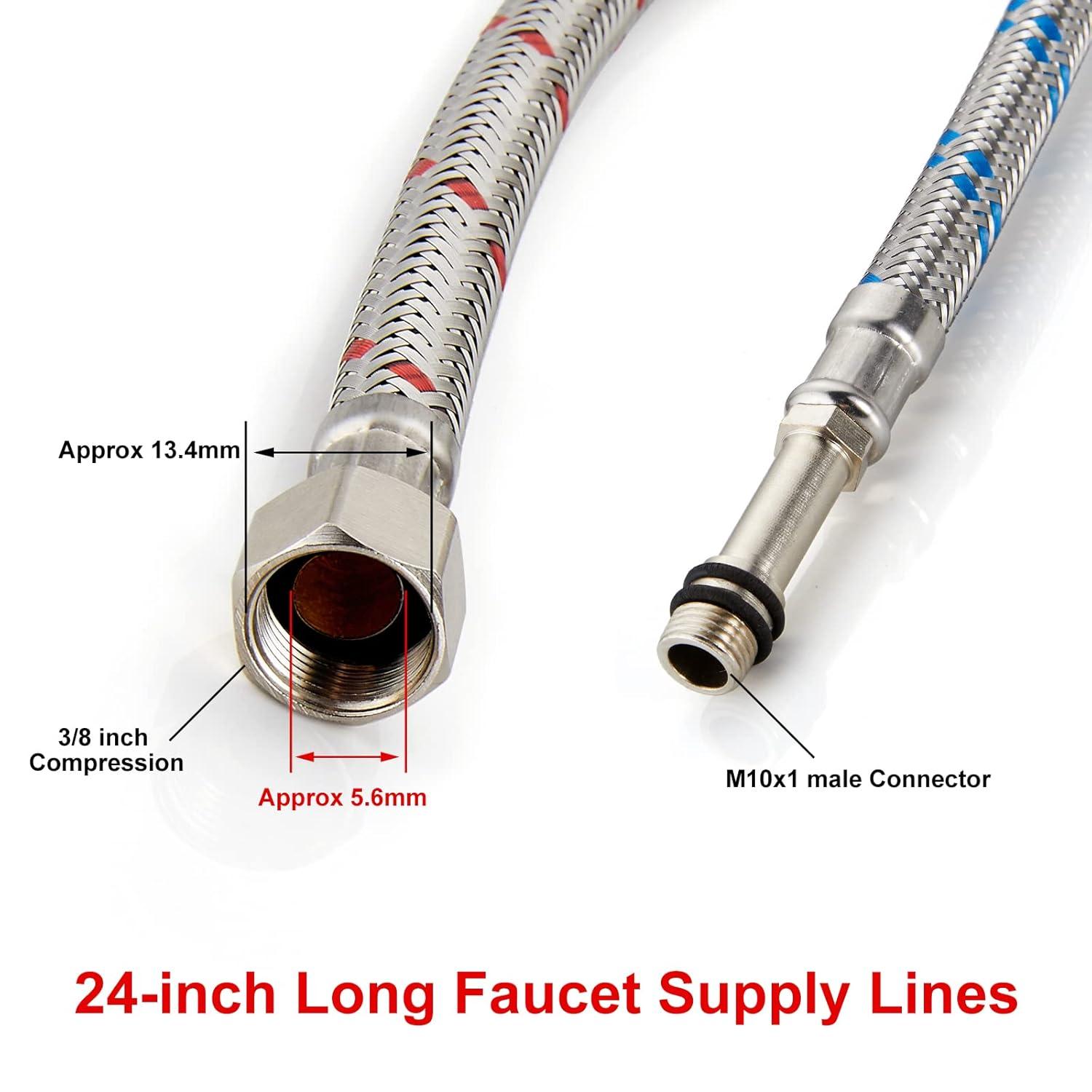Midanya 24-Inch Long Faucet Connector Braided Stainless Steel Supply Hose 3/8-Inch Female Compression Thread x M10 Male Connector, x 2 Pcs (1 Pair)