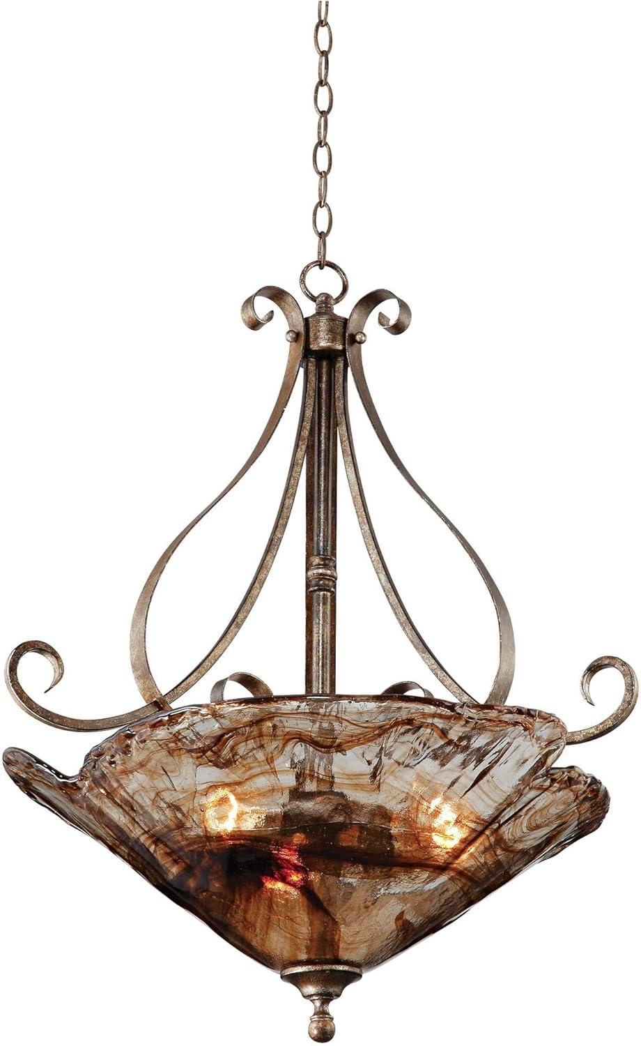 Franklin Iron Works Amber Scroll Golden Bronze Pendant Chandelier 24 3/4" Wide Rustic Art Glass Bowl 3-Light Fixture for Dining Room Kitchen Island