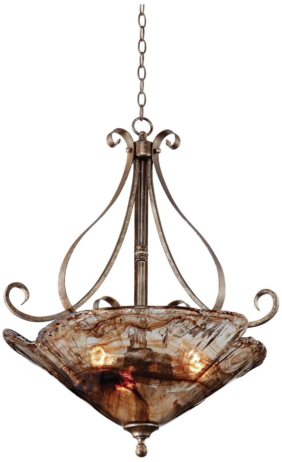 Franklin Iron Works Amber Scroll Golden Bronze Pendant Chandelier 24 3/4" Wide Rustic Art Glass Bowl 3-Light Fixture for Dining Room Kitchen Island