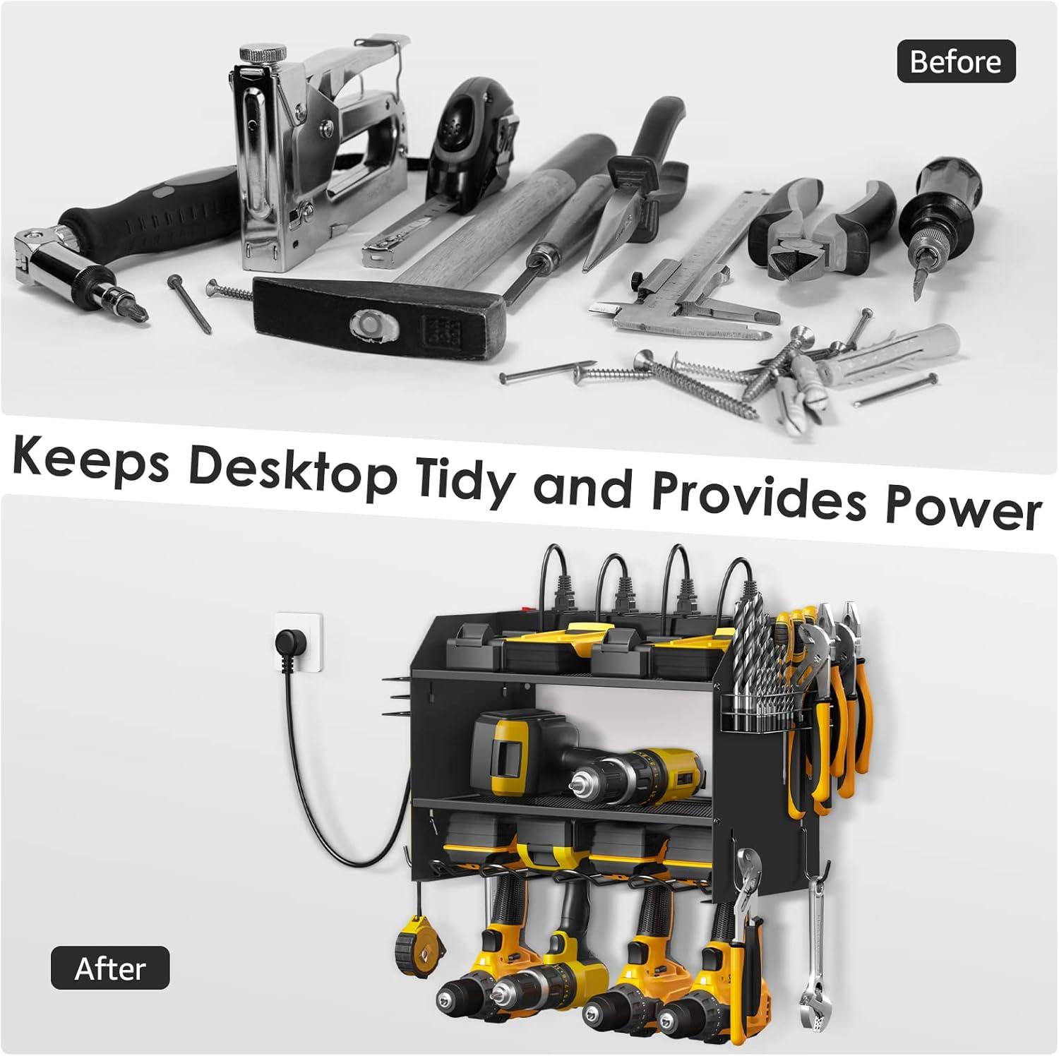 Black Steel Modular Power Tool Organizer with Charging Station