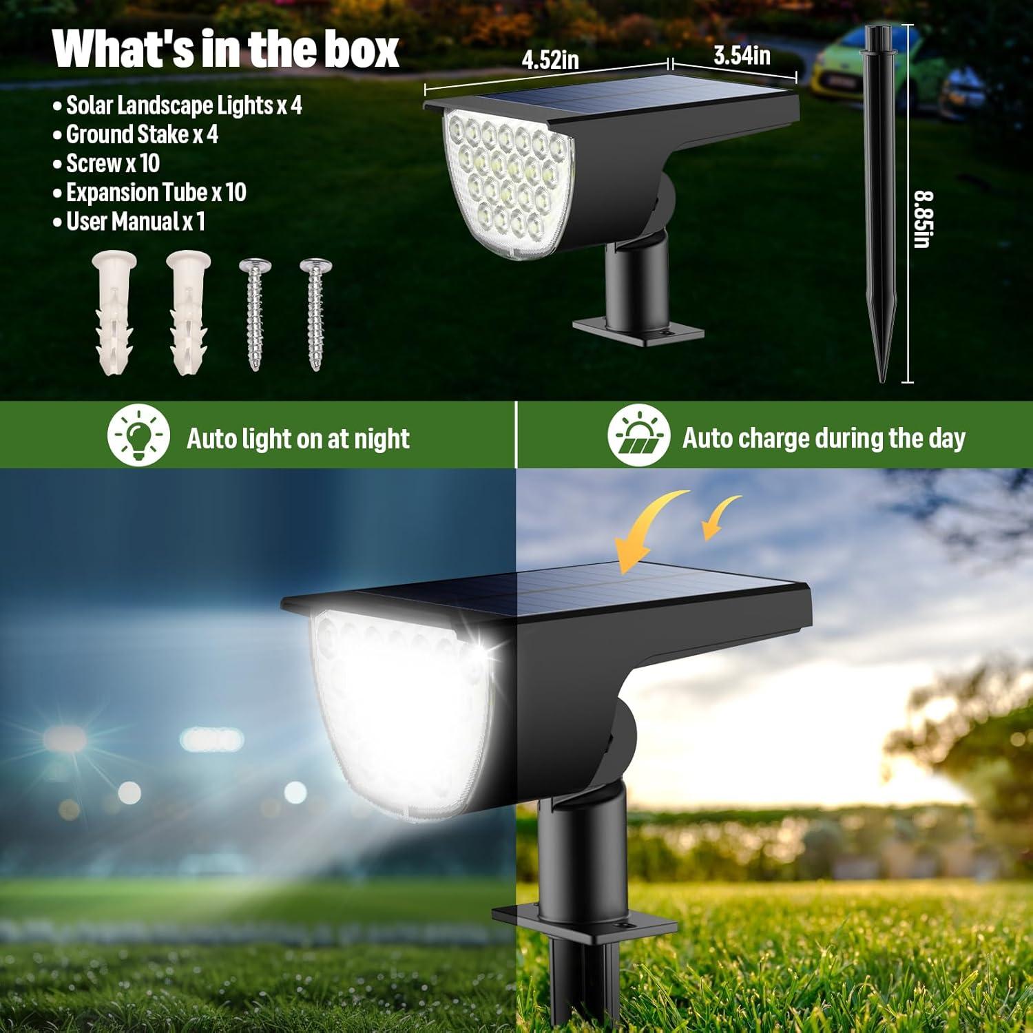 Cool White LED Solar Pathway Spotlights for Outdoor Use, 4 Pack