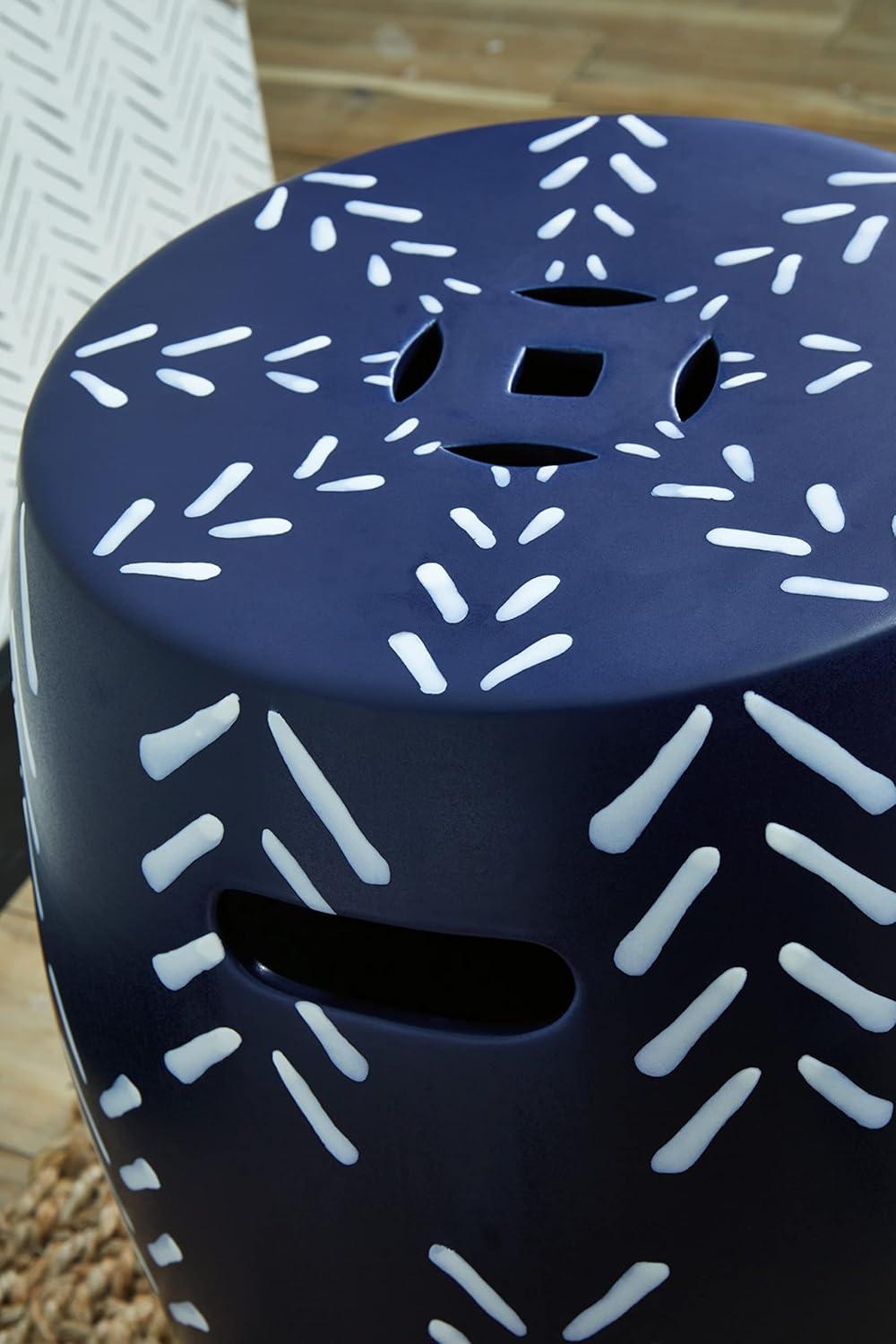 Contemporary Navy & White Ceramic Accent Stool 12.5"