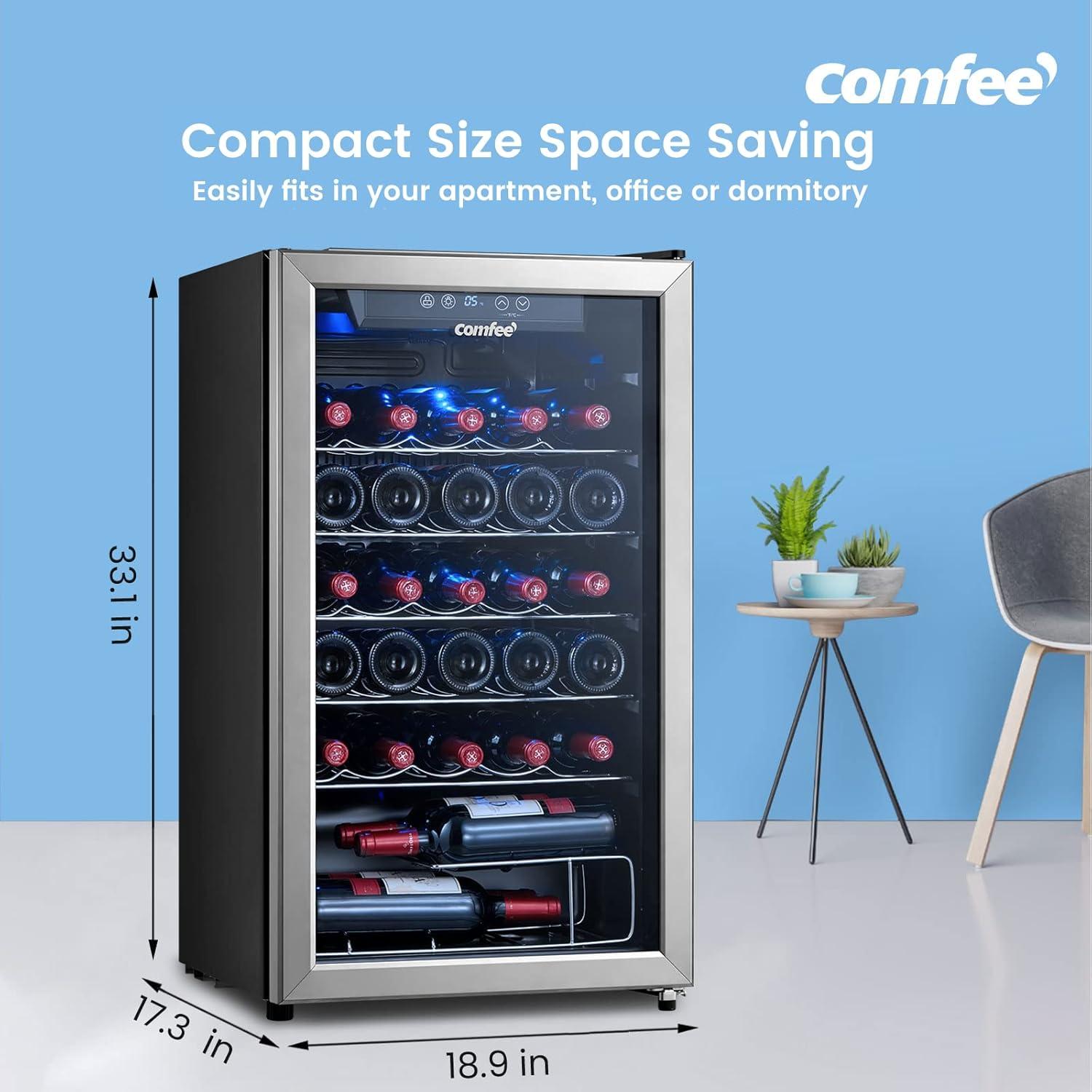 Comfee 18.9-in. 29-Bottle Freestanding Indoor Wine Cooler, Stainless Steel