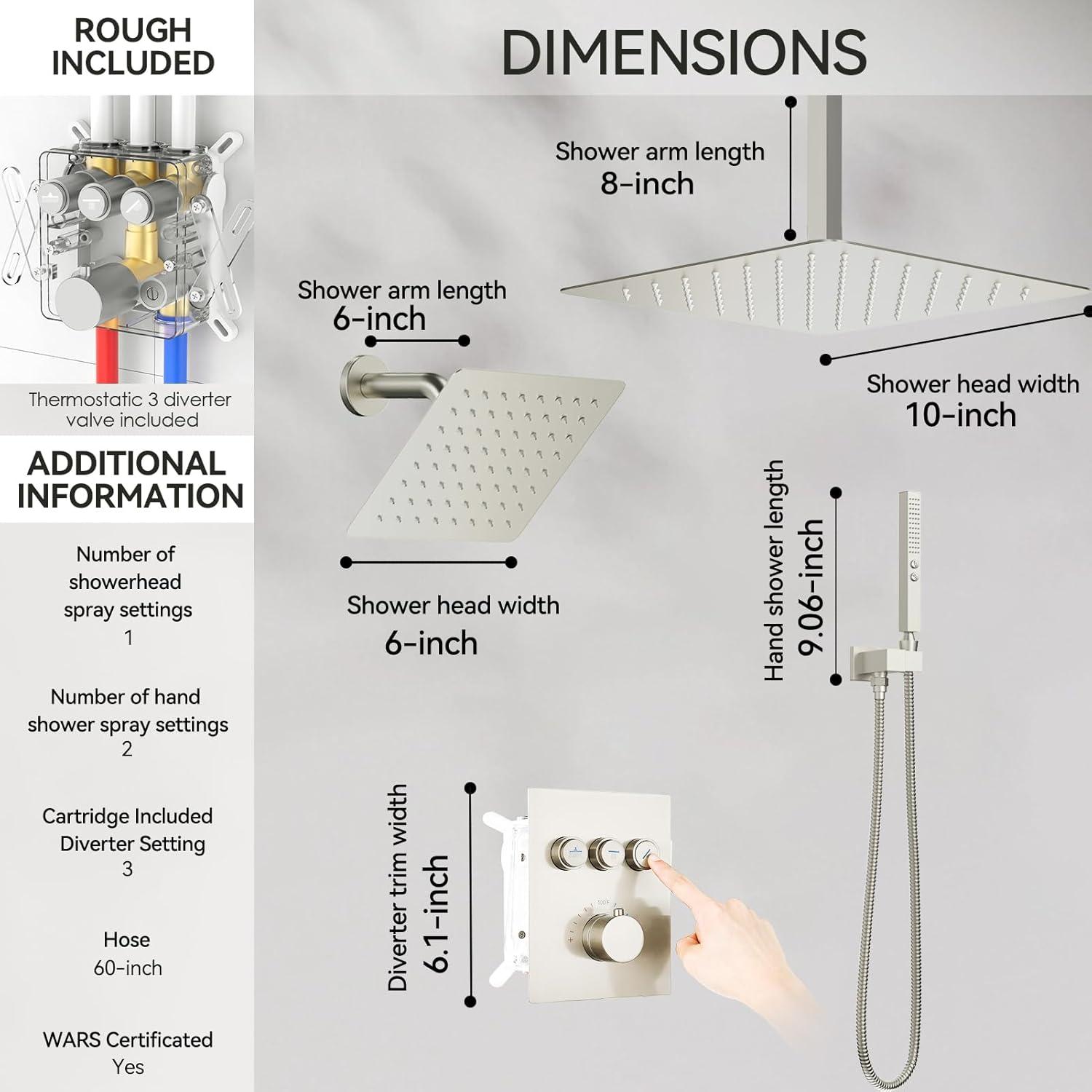 Revitalize 3-Function 12 Inch Wall Mount Rainfall Thermostatic Shower System with 6 Body Jets