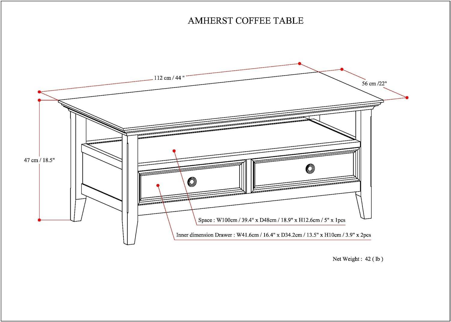 Simplihome Coffee Table, Amherst, Hickory Brown