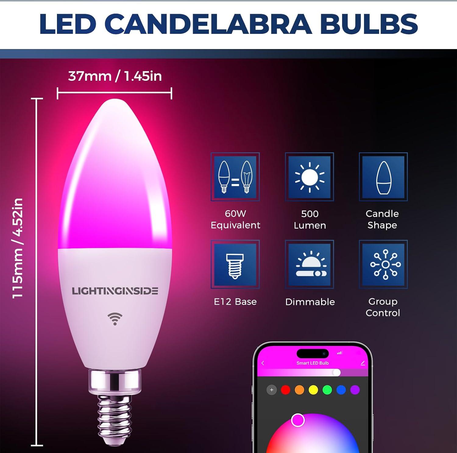 Candelabra Smart Light Bulbs 60W Equivalent, 500LM 6W E12 LED Bulb Compatible with Alexa/Google Home, RGBCW Candle Bulb for Chandelier, No Hub Required, 2.4G WiFi Only, ETL Listed, 1PC