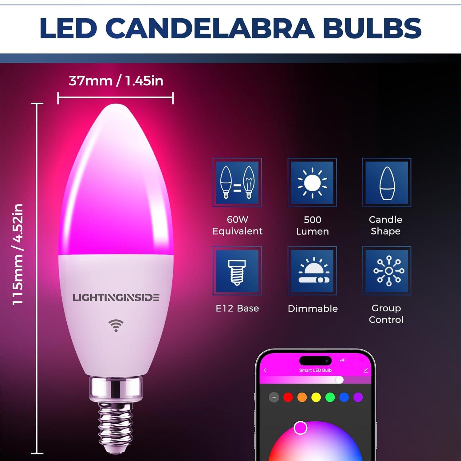 Candelabra Smart Light Bulbs 60W Equivalent, 500LM 6W E12 LED Bulb Compatible with Alexa/Google Home, RGBCW Candle Bulb for Chandelier, No Hub Required, 2.4G WiFi Only, ETL Listed, 1PC