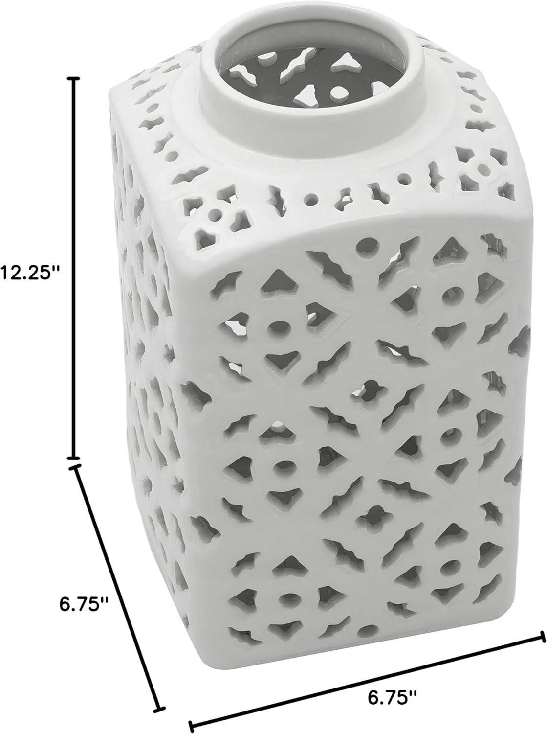 12" White Carved Square Ginger Jar