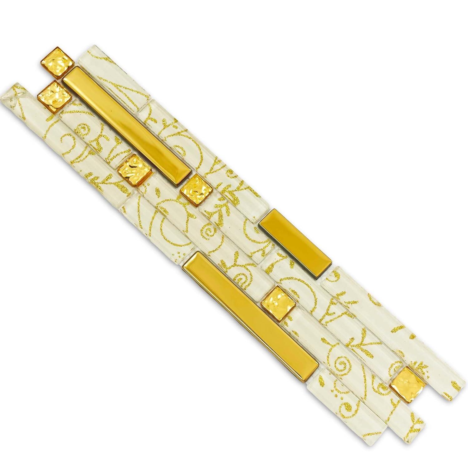 Metallic Glass Tile Luxury Gold Linear Interlocking Elegant Floral Pattern Accents Mosaic for Kitchen Backsplash Bathroom Wall and Fireplace Decor (3x12 Sample)