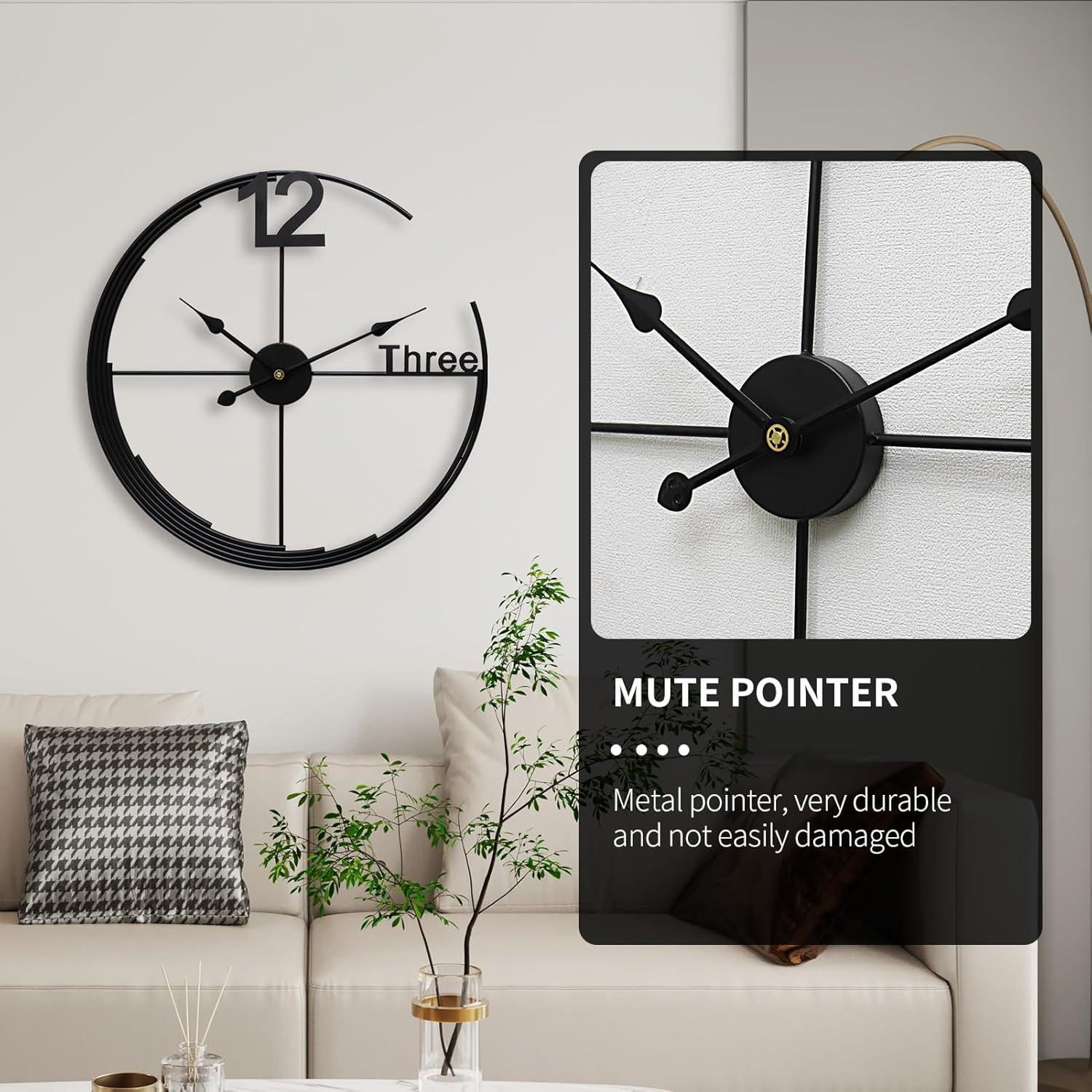 Large Wall Clock, Metal Retro Minimalist Modern Clock, Round Silent Non-Ticking Battery Operated Wall Clocks for Living Room / Home /Kitchen /Bedroom /Office/School Decor (Black, 24 Inch)