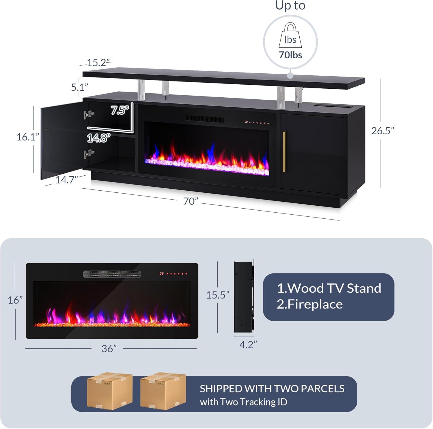 BELLEZE 70" TV Stand for TVs up to 75", LED Light Entertainment Center with 36" Electric Fireplace, Storage Cabinet with USB AC Outlet, Media Console Table for Living Room - Avenue (Black)