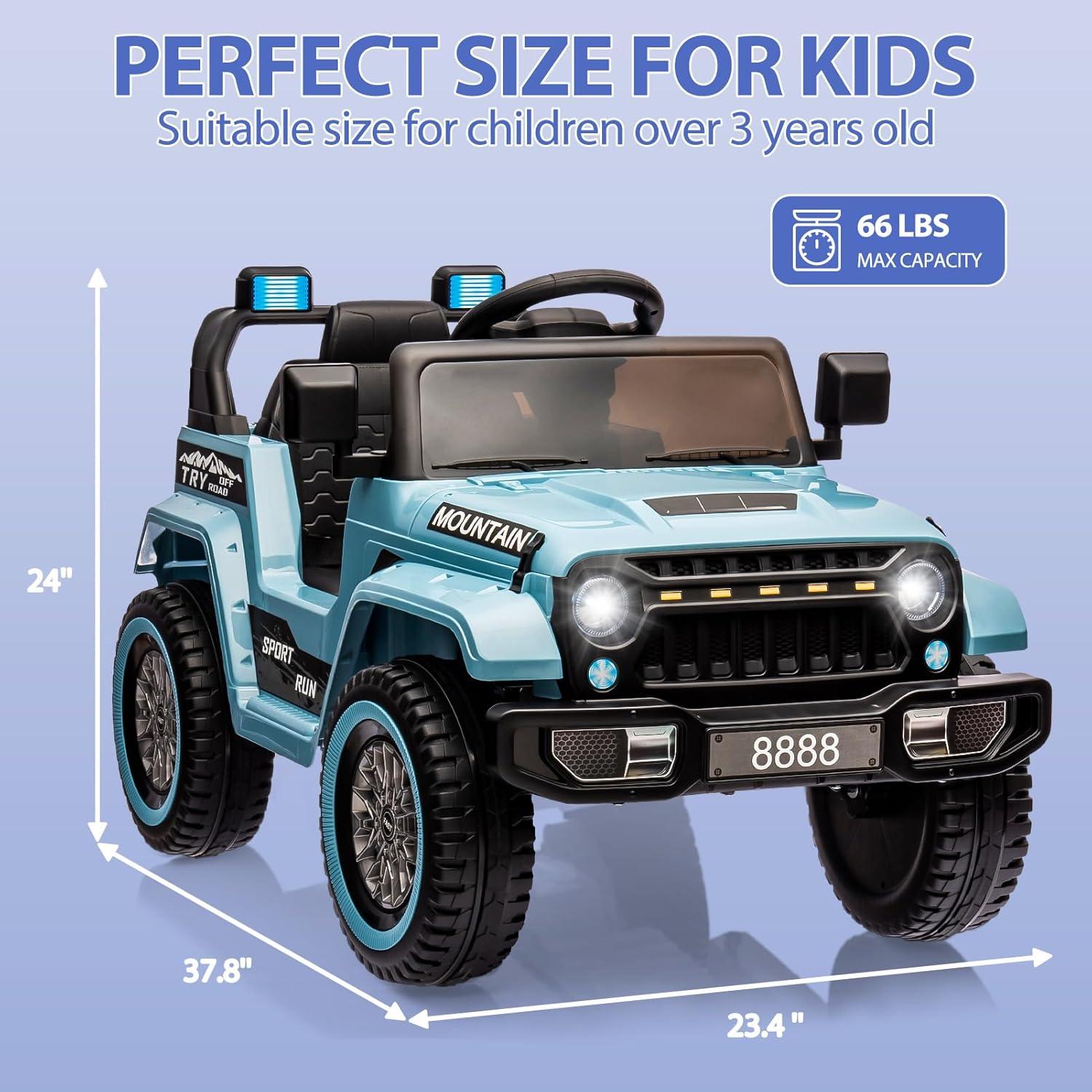 Huloretions Kids 12V Ride On Car, Hetoy Battery Powered Electric Truck Car w/Parent Remote Control, Spring Suspension, 3 Speeds, LED Lights, Music & Horn, Kids Electric Vehicles Toy Gift for Boys Girl