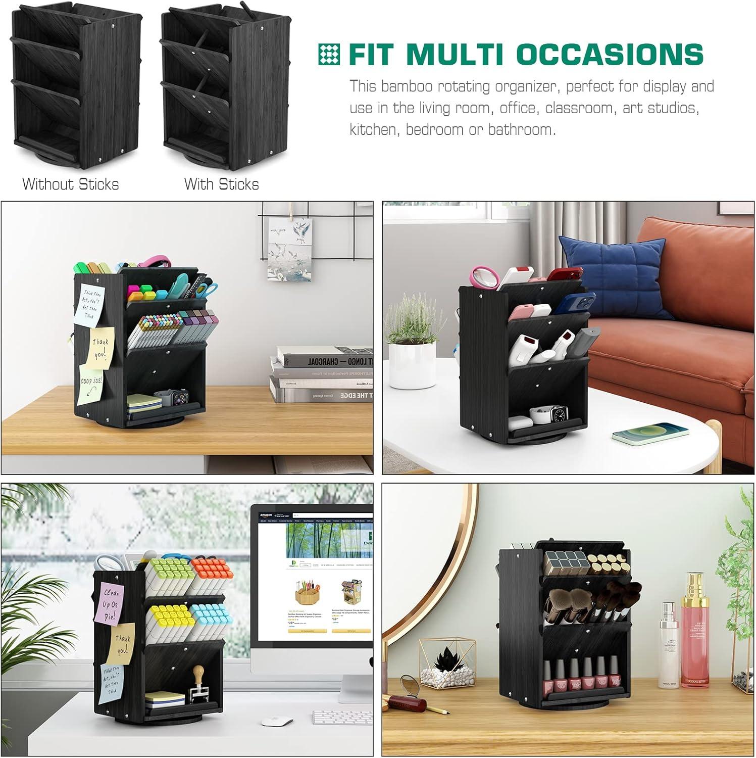 Bamboo Desk Organizer Storage Accessories - Ultra-large 13 compartments, 1000+ Pencil Holder Capacity, Easy DIY Assembly, Rotating Desktop Organizer, Cosmetics, and Office Supplies