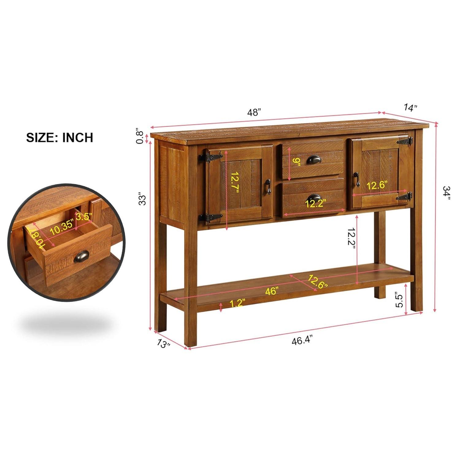 Solid Wood Console Table,Storage Sideboard with 2 Drawers and Cabinets and 1 Bottom Shelf, Retro Style Dining Buffet Server Cabinet for Living Room Kitchen Dining Room Furniture(Brown)