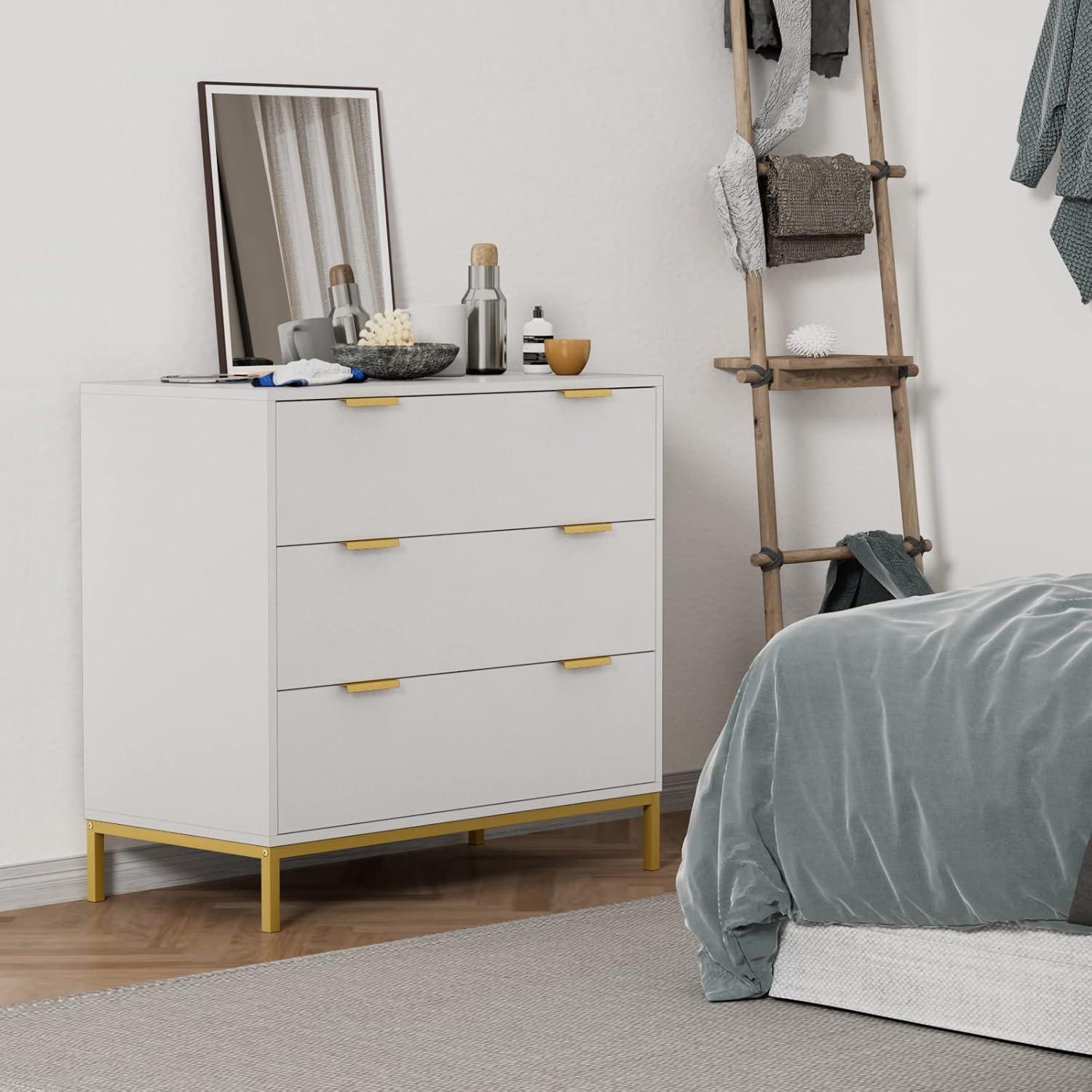 White MDF 3-Drawer Chest with Gold Accents