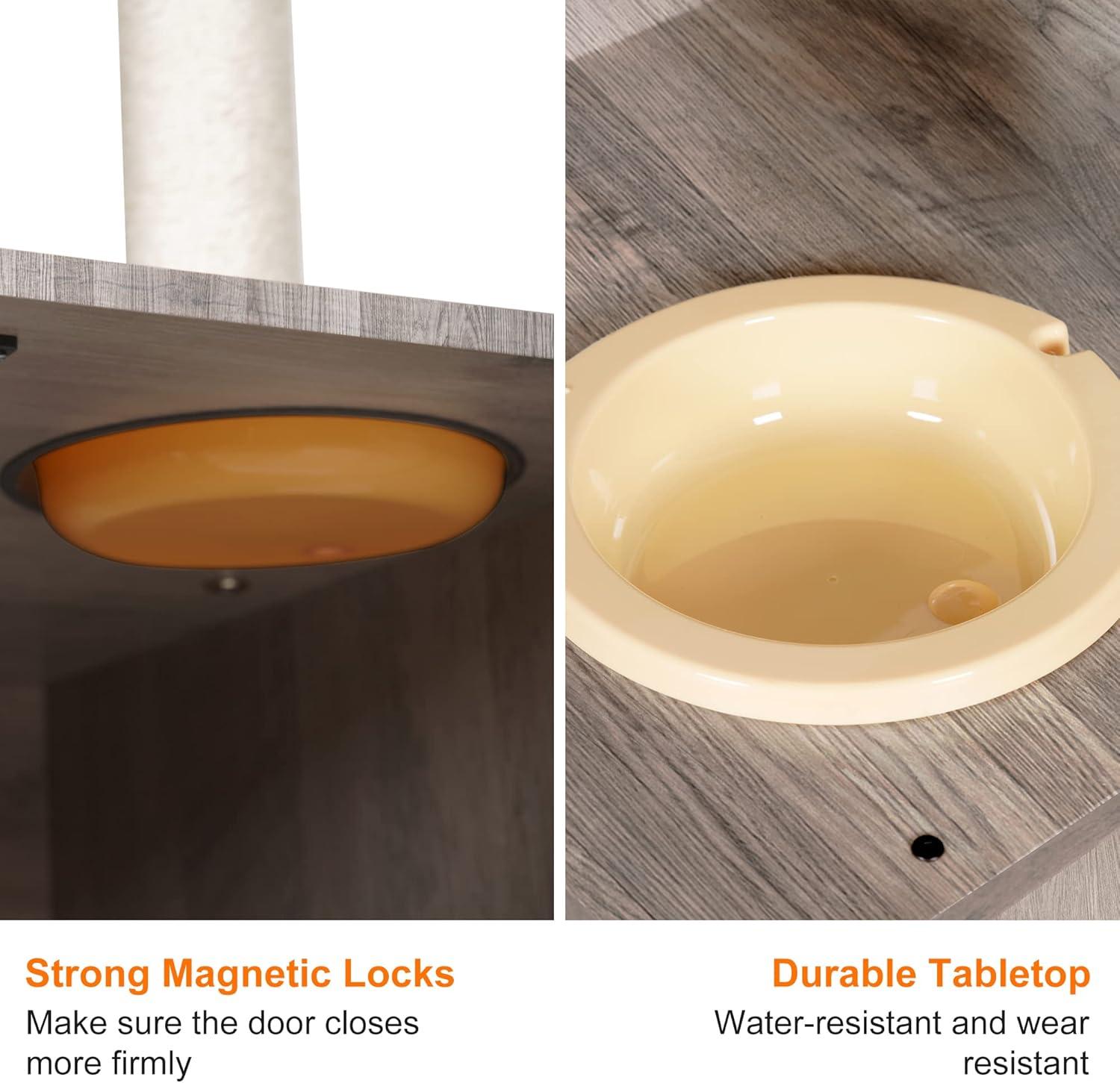 Wood Litter Box Enclosure with Food Station, All-in-one Indoor Cat Furniture with Large Platform and Condo