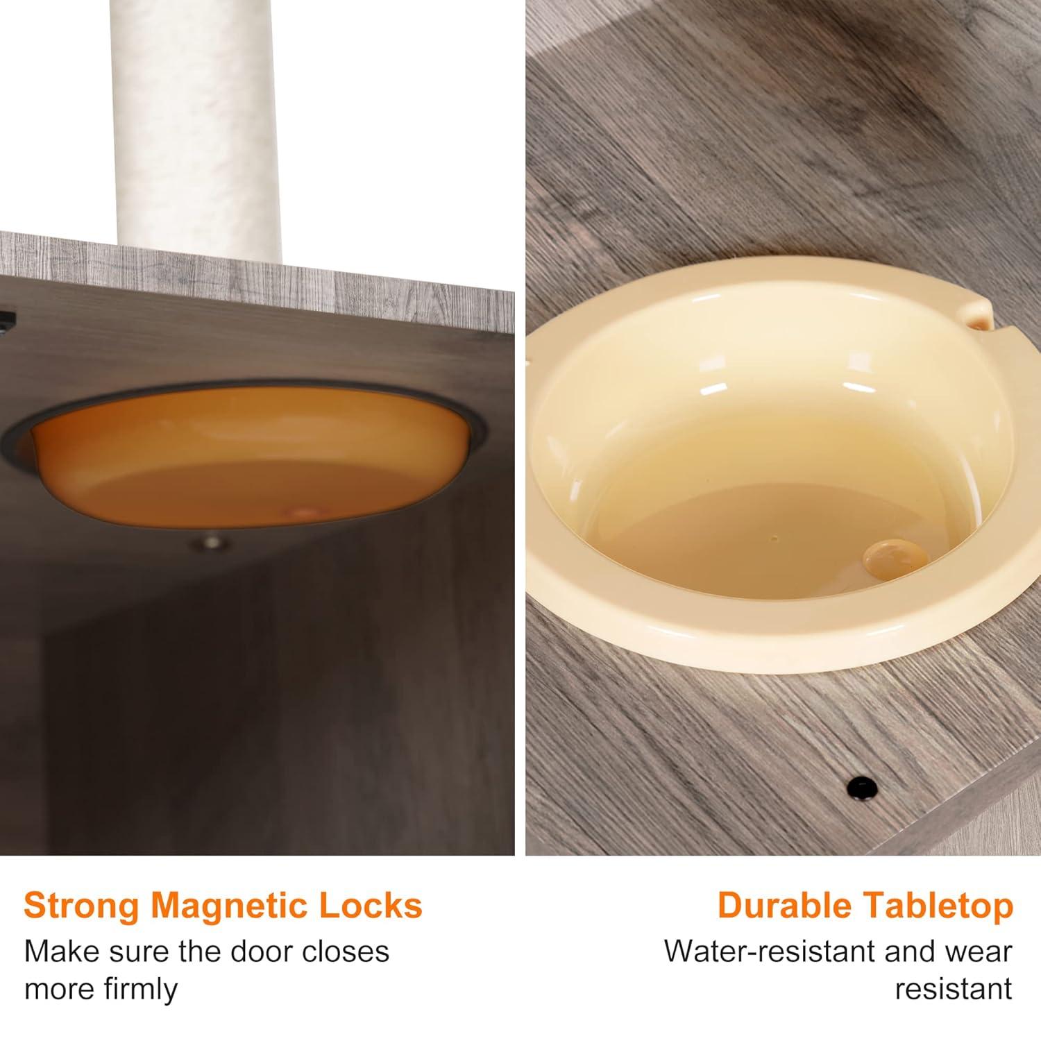 Wood Litter Box Enclosure with Food Station, All-in-one Indoor Cat Furniture with Large Platform and Condo