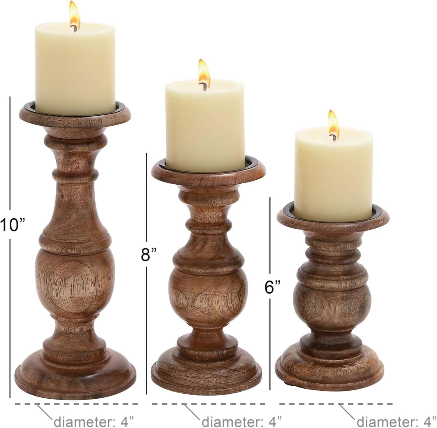 DecMode Traditional and Timeless Mango Wood Pillar Candle Holder Set of 3, 4", 8", 10"H, Brown Finish