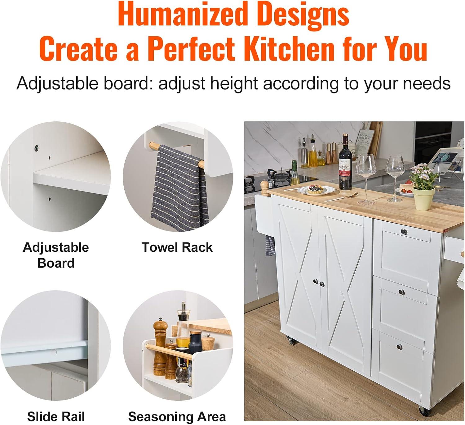 VEVOR Kitchen Island Cart, Rolling Storage Cabinet with Drawer and Shelves