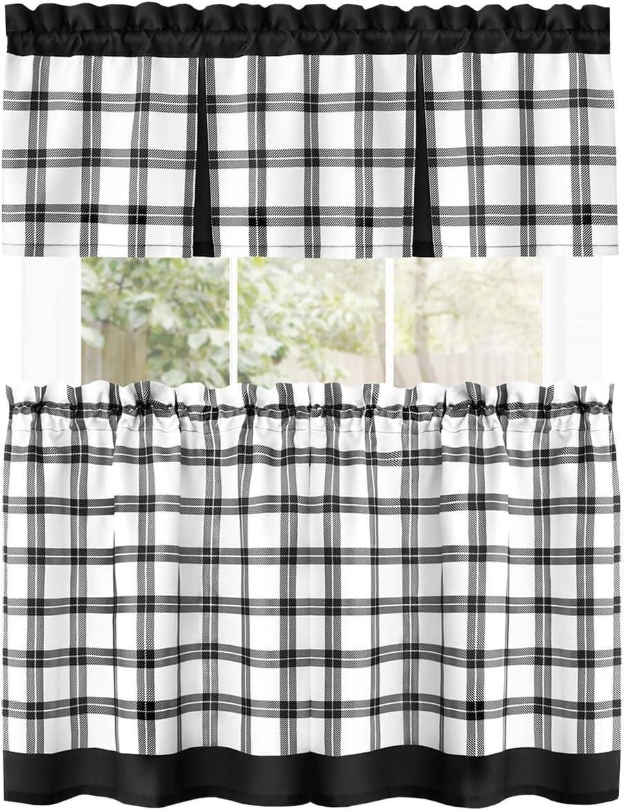 Achim Tate Plaid Light Filtering Tier and Valance Curtain Set, Black, 58" x 36"