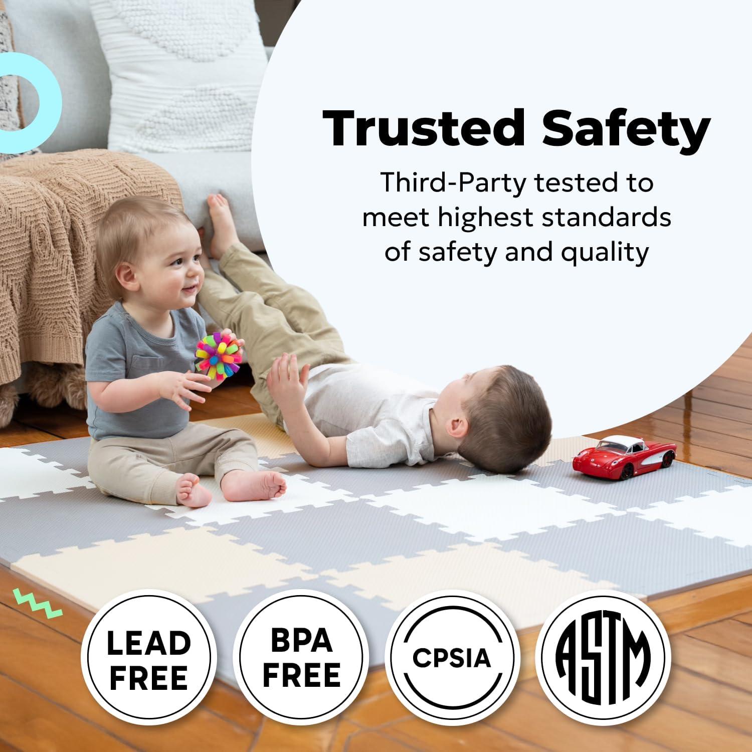 MioTetto Tapete de Juegos de Espuma No Tóxica para Bebés y Niños, Mosaicos Entrelazados, Crema-gris-beige, 18 Piezas, Perfecto para Pasar el Día Boca Abajo, Gatear, Ir Al Cuarto de Niños, Jugar O Gimnasio