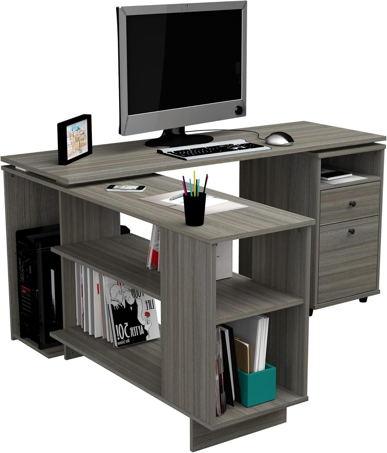 Inval L-Shaped Reversible Computer Desk, Smoke Oak