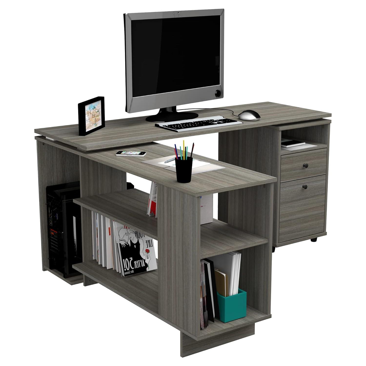 Inval L-Shaped Reversible Computer Desk, Smoke Oak