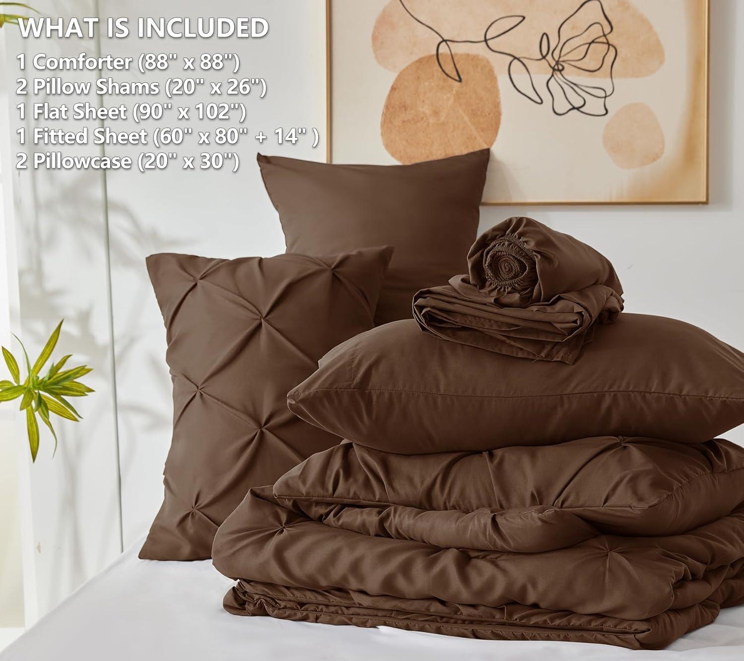 Queen Size Brown Comforter Set - 7 Piece Pintuck Bed in a Bag with All-Season Comforter, Pinch Pleat Bedding, Flat Sheet, Fitted Sheet, and Pillowcases & Shams