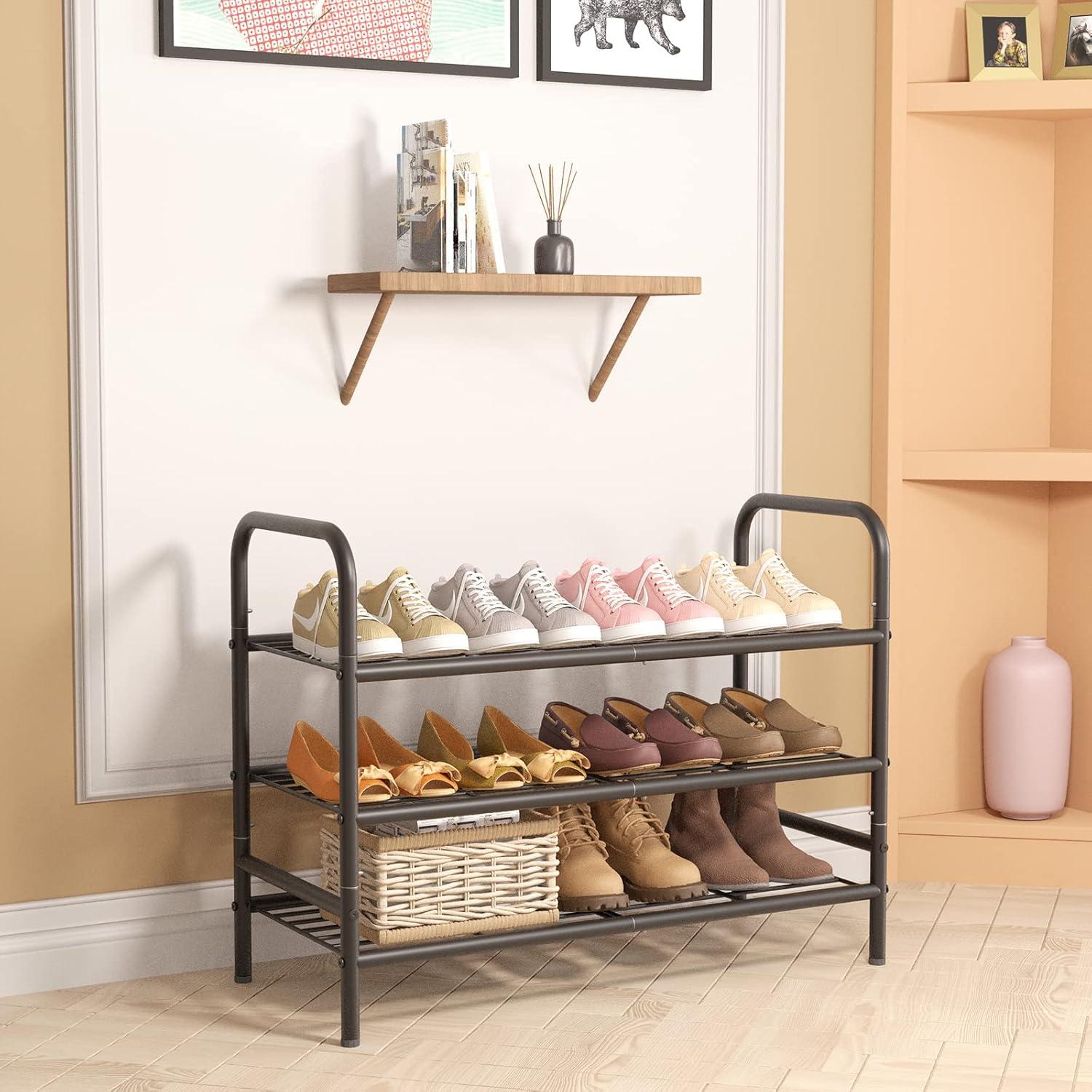 YASONIC Shoe Rack Storage Organizer, 3-Tier Black Shoe Shelf, 24 Pairs, Iron Poles & Plastic Connectors