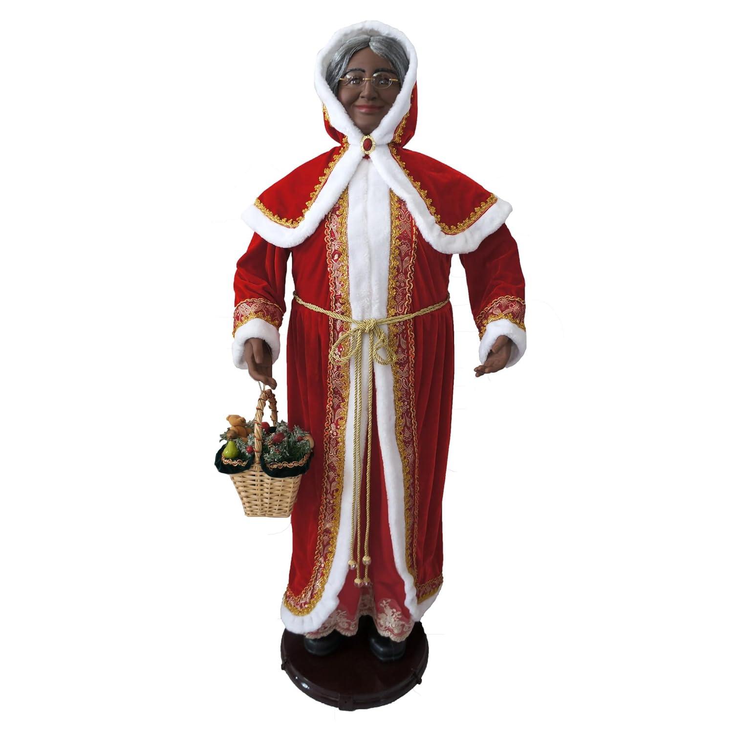 African American Dancing Mrs. Claus with Hooded Cloak and Basket Figurine