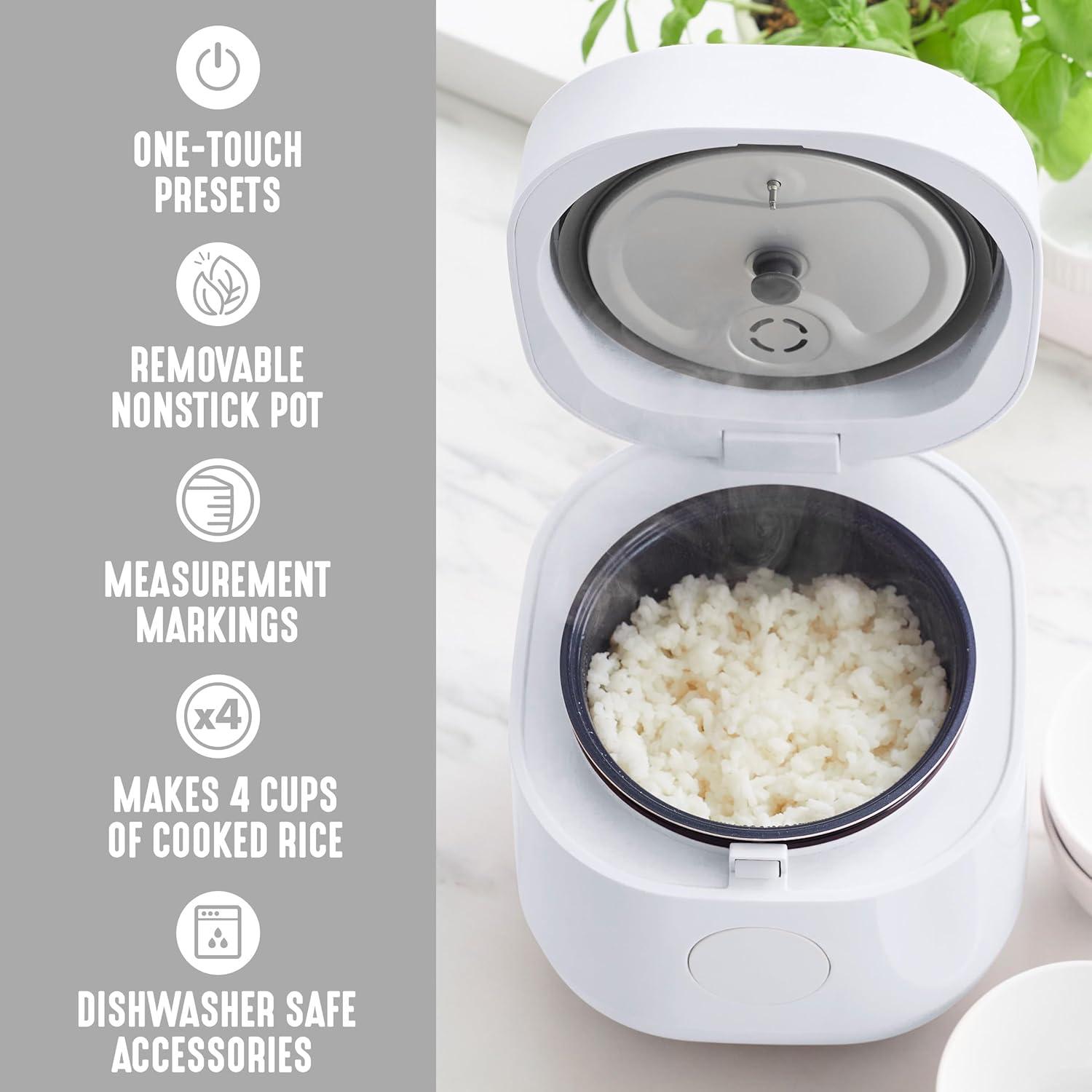 Compact White Electric Rice and Grains Cooker with Ceramic Nonstick Bowl