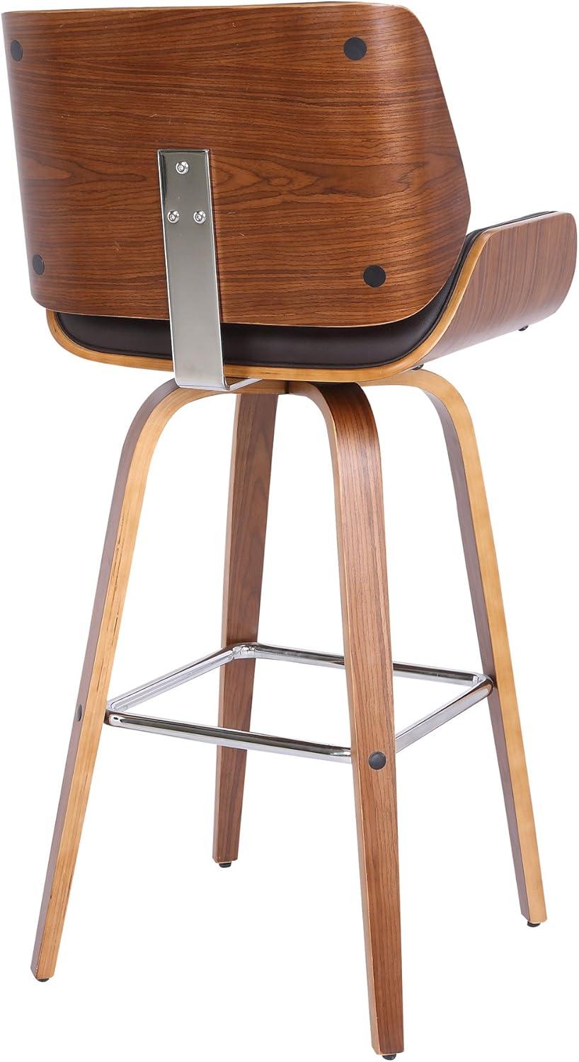 26" Armen Living Tyler Swivel Counter Barstool: Walnut Frame, Chrome Footrest, Faux Leather