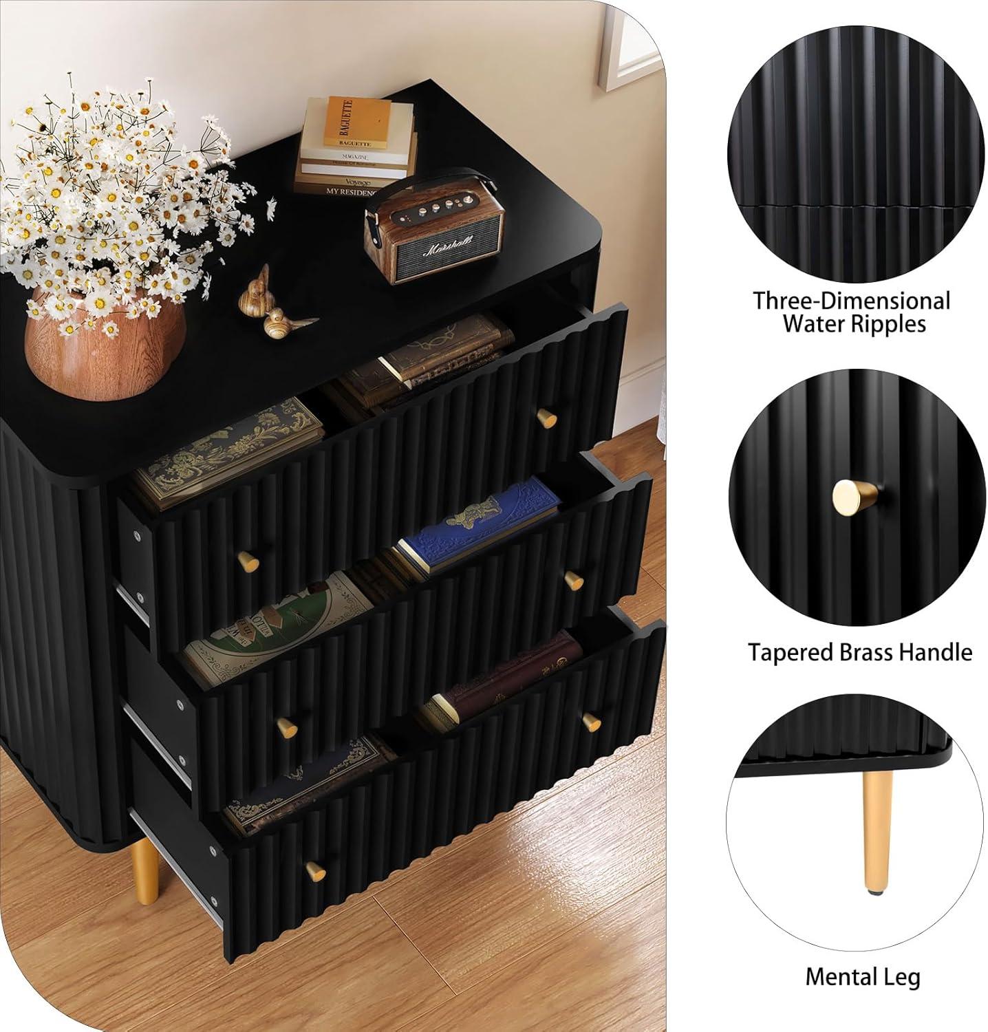 Black Vertical 3-Drawer Dresser with Gold Legs