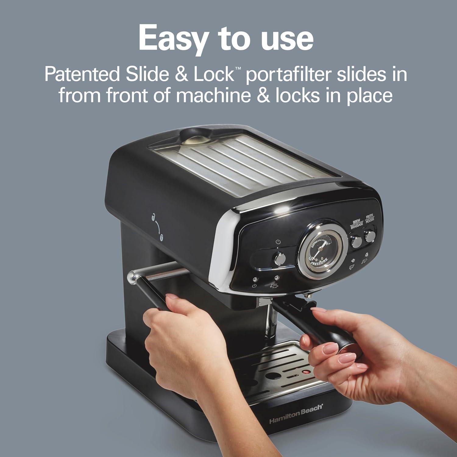 Hamilton Beach Hamilton Beach Slide & Lock Espresso Maker 15 Bar Pump Black With Chrome Accents
