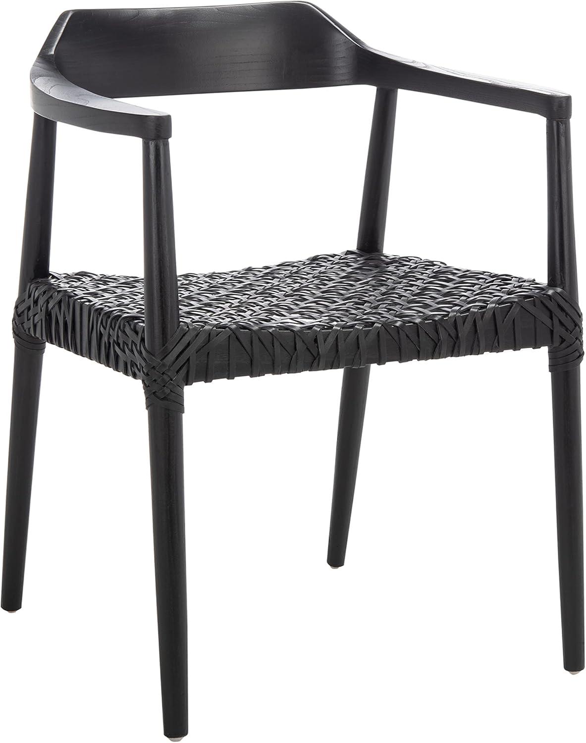 SAFAVIEH Munro Leather Woven Accent Chairs, Black (Sungkai Wood Frame)/Black (Leather Seat) (22 in. W x 20.5 in. D x 28.5 in. H)