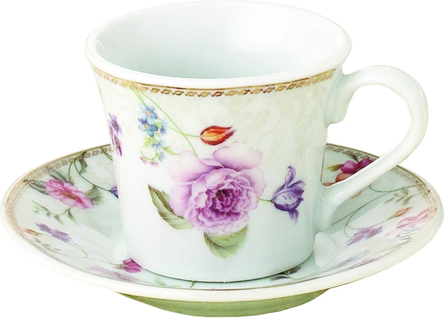 Floral Ceramic Espresso Cups with Saucers and Stand, 13-Piece Set