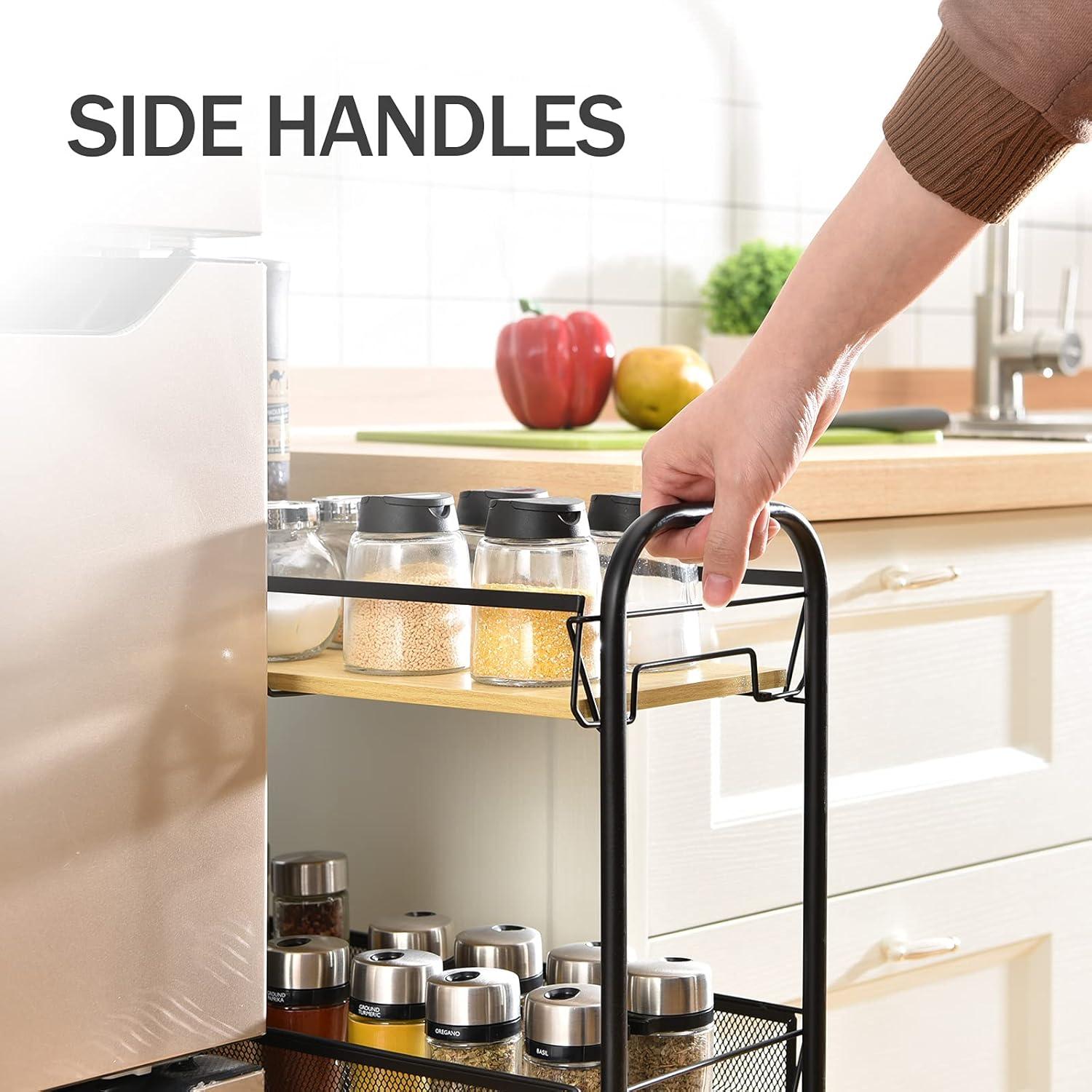 KINGRACK 4-Tier Slim Rolling Cart,Metal Utility Cart,Slide Out Storage Cart with Wooden Tabletop and Mesh Baskets for Narrow Space on Kitchen Bathroom Laundry Room Bedroom Apartments Dormitory, Black