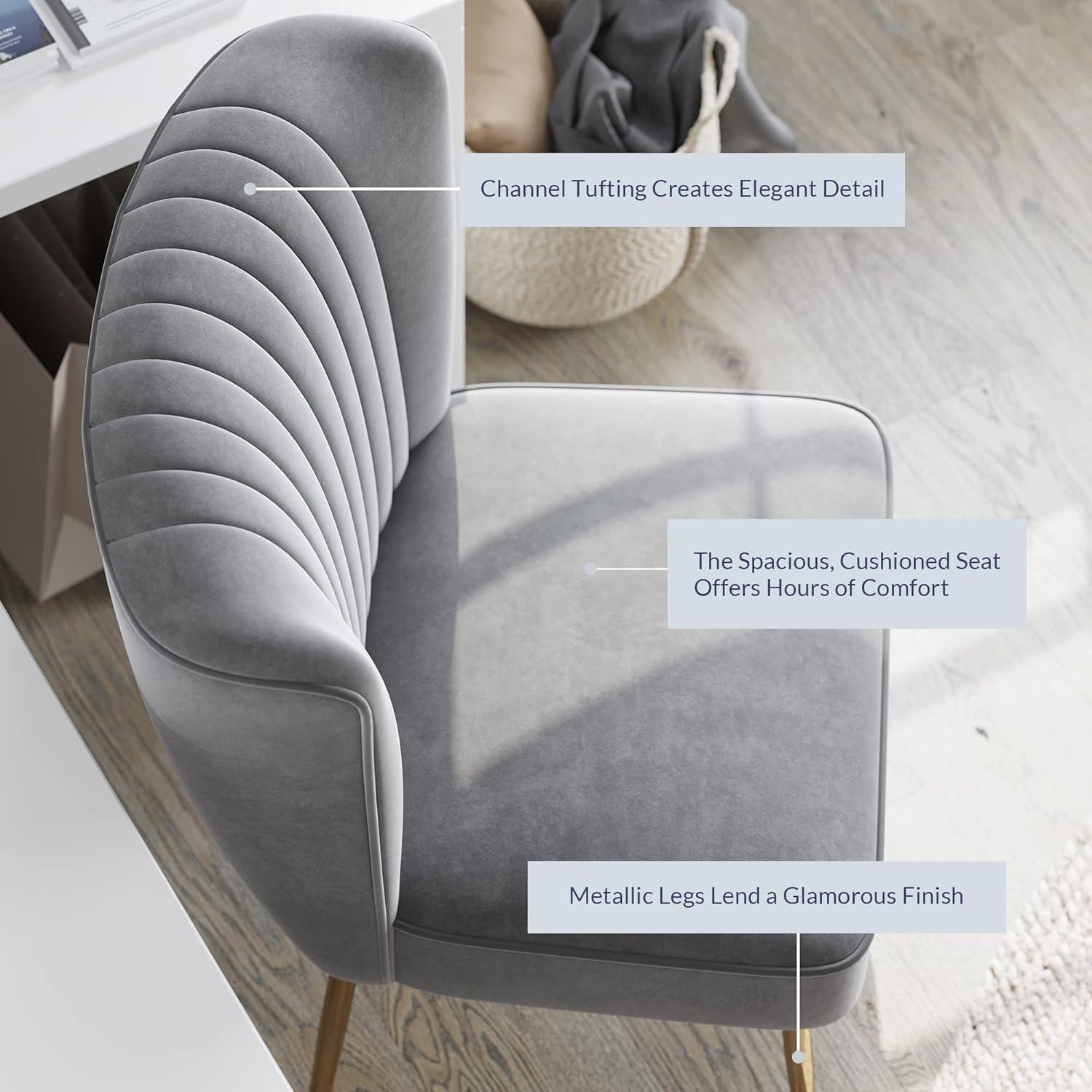BELLEZE Modern Velvet Accent Chair With Metallic Legs And Channel Tufting, Elegant Vintage Style Armless Seating For Living Room, Bedroom, Office - Ethia (Gray)