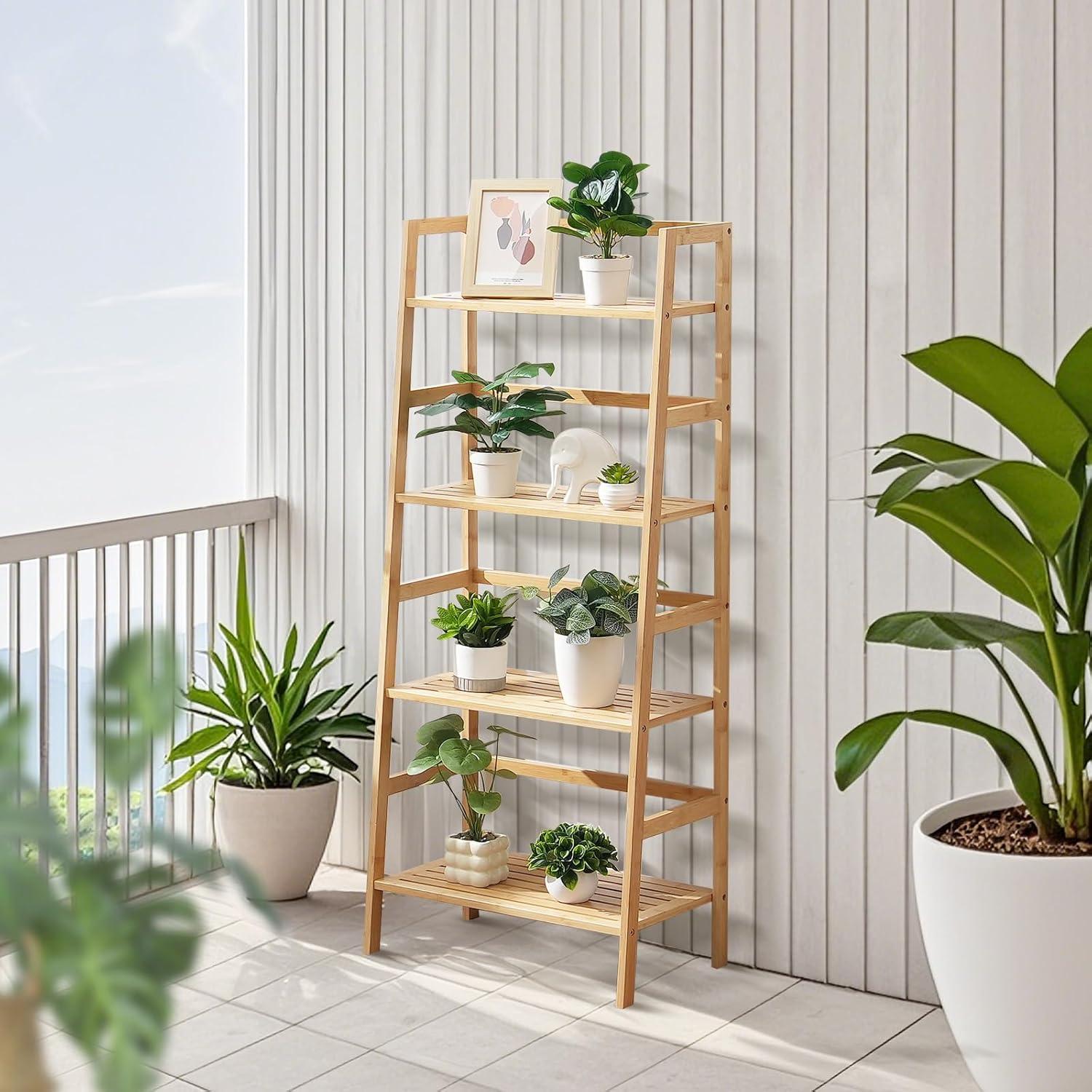 Bamboo Bookshelf 4 Tiers Bamboo Ladder Bookshelf Trapezoid Storage Rack