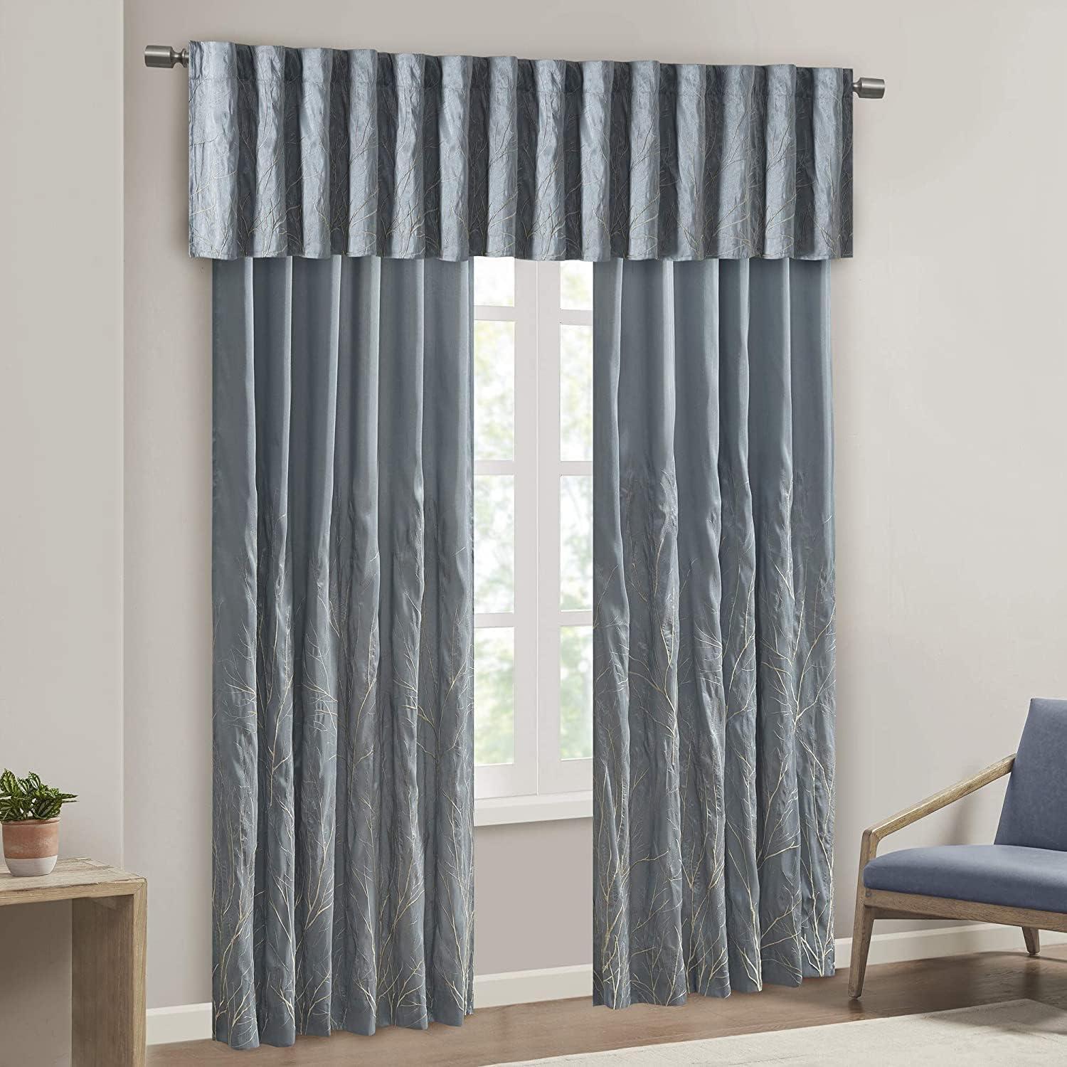 Blue Faux Silk Embroidered Puddle Length Curtain Panel