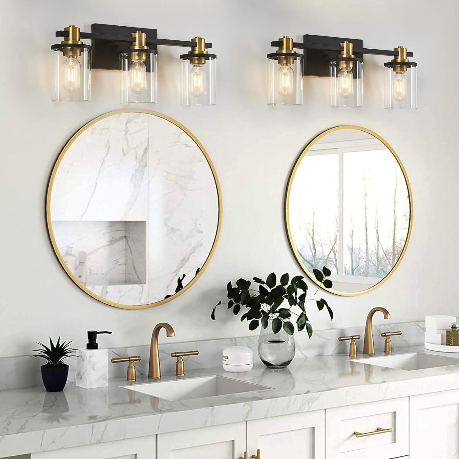 Black and Gold 3-Light Vanity with Clear Glass Shades