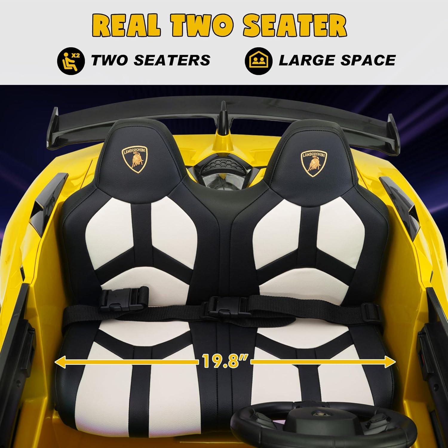 Tobbi 24V Lamborghini 2-seater Battery Powered Ride on with High/Low speed switch, Slow start function, Battery level display, MP3, USB, Light Drift Car for Kids 3-8