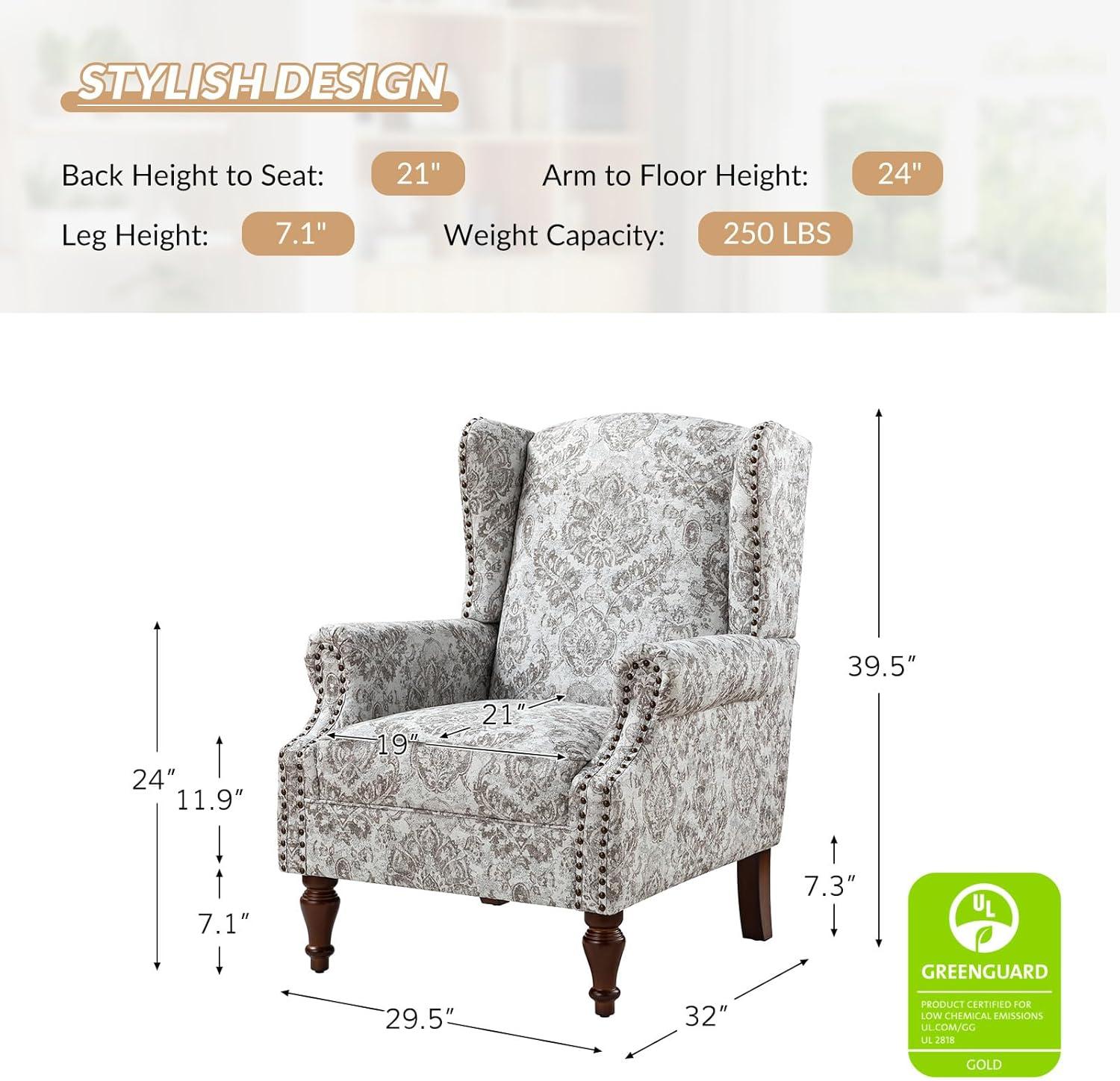 Beige Floral Pattern Wingback Accent Chairs with Wooden Legs