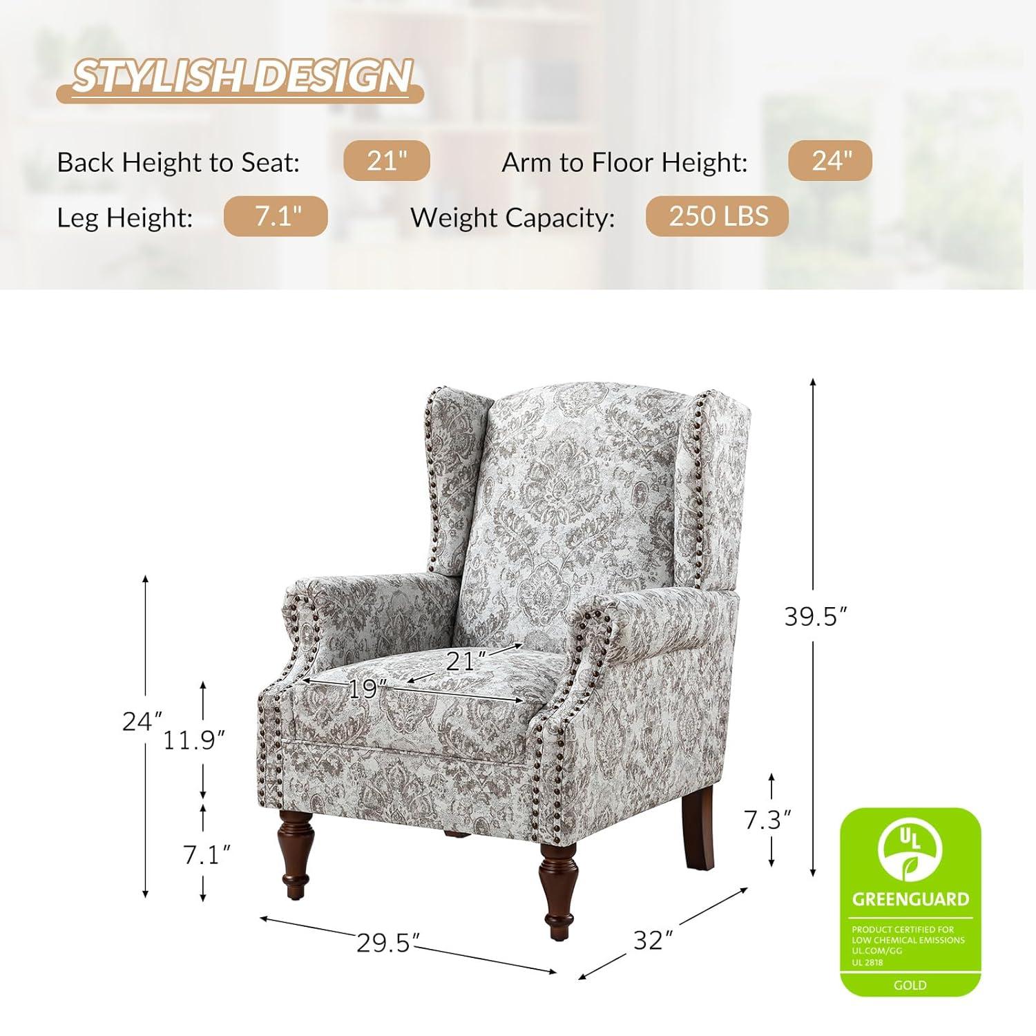 Beige Floral Pattern Wingback Accent Chairs with Wooden Legs