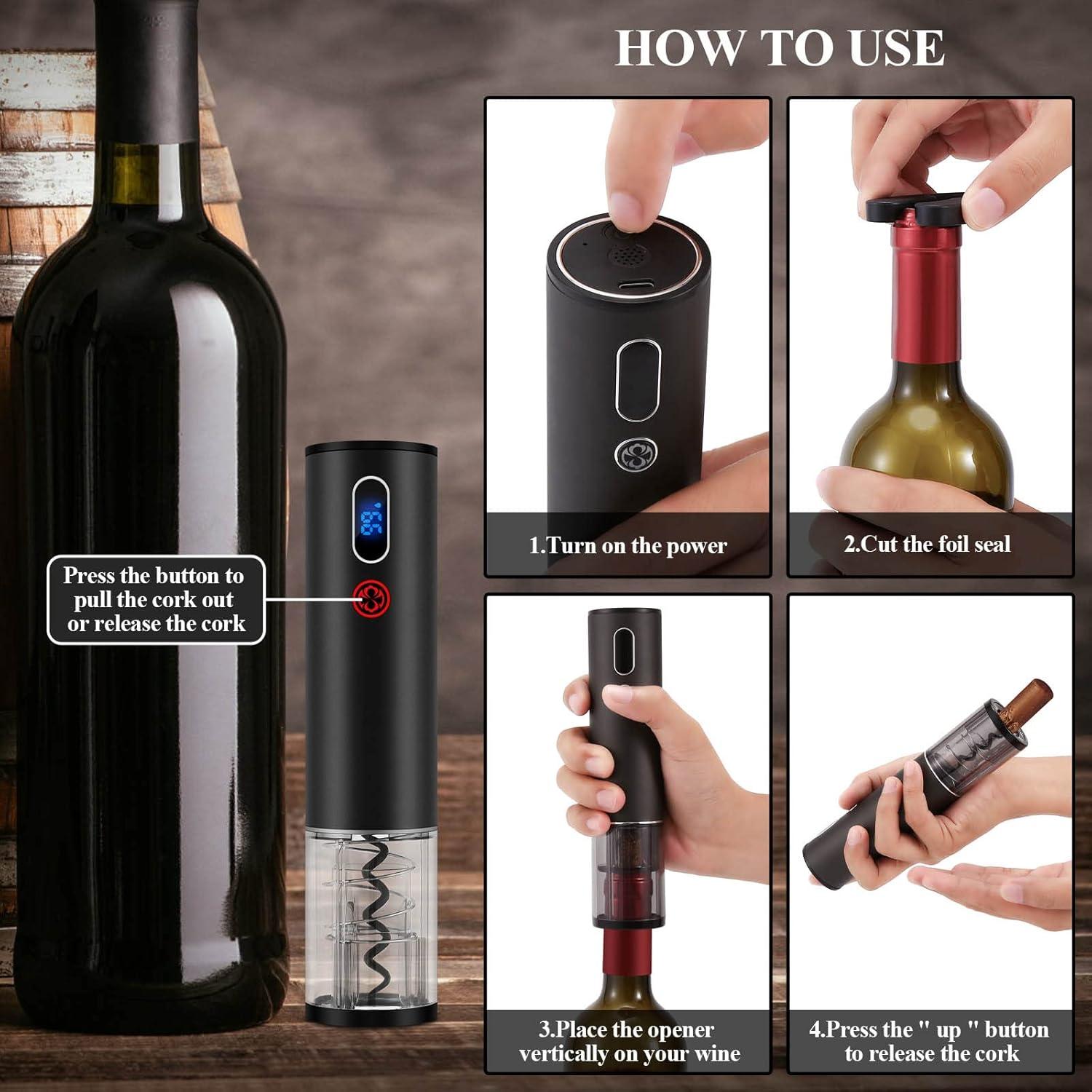 Wine Opener Christmas Day Gift Set with Electric Wine Bottle Opener, Wine Decanter&Wine Aerator and Pourer, wine stopper, Foil Cutter and EVA Storage Bag, Rechargeable and Automatic(Black)