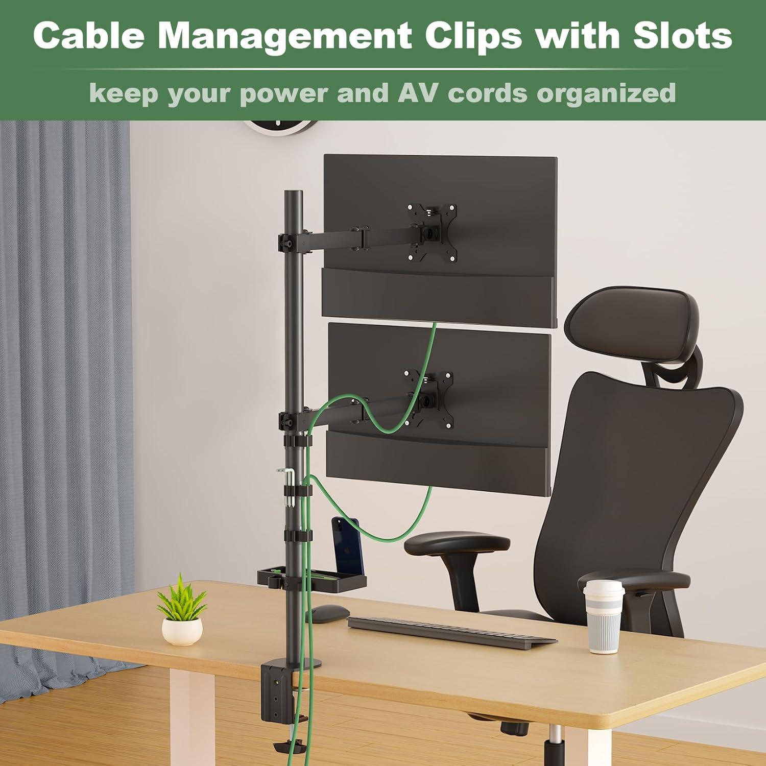 Dual Vertical Monitor Mount with Storage Tray and Adjustable Arms