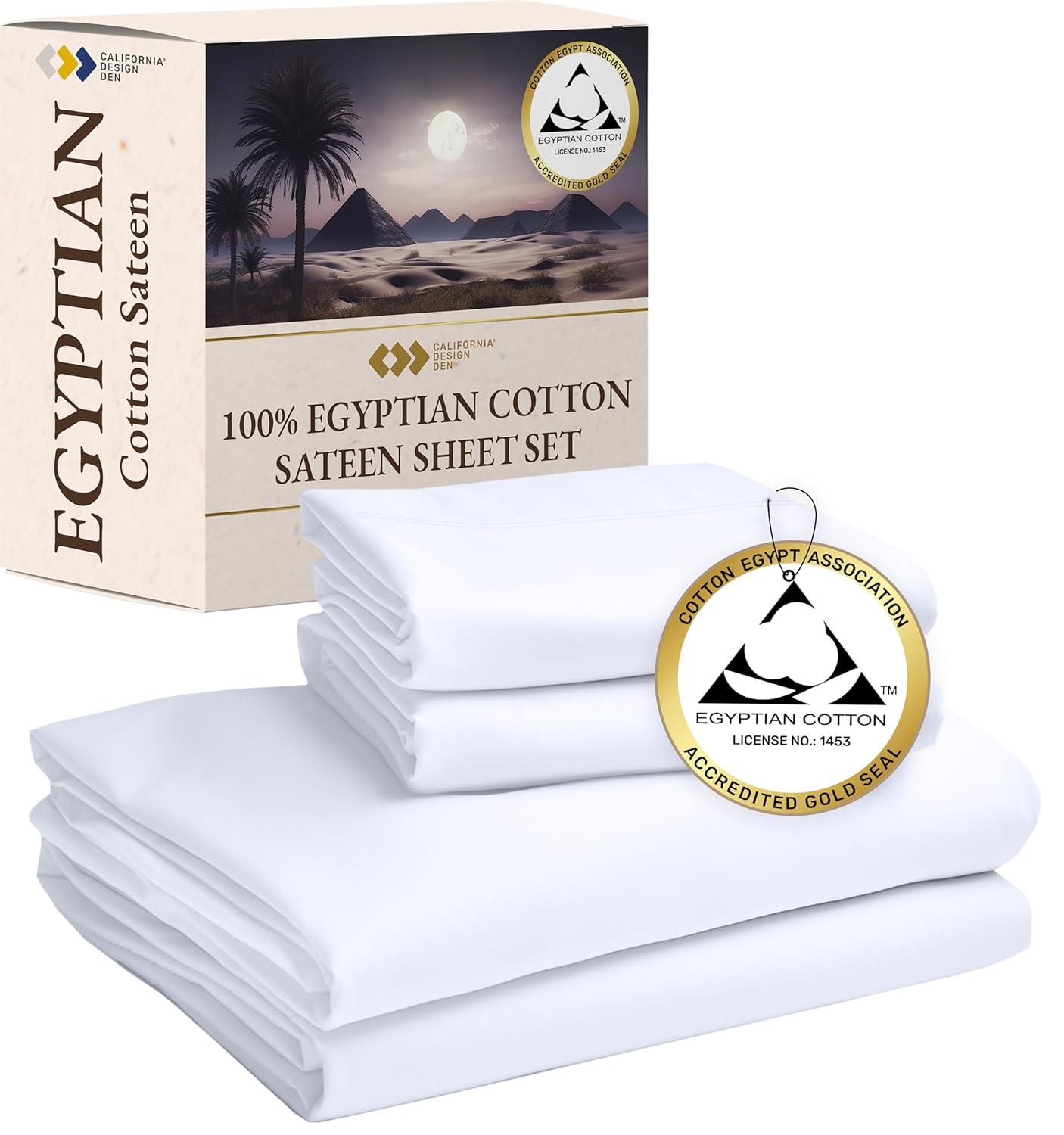 California Design Den Certified 100% Egyptian Cotton California King Sheets, Cotton Bed Sheets, 4 Piece Bedding Sheets & Pillowcases Set, White