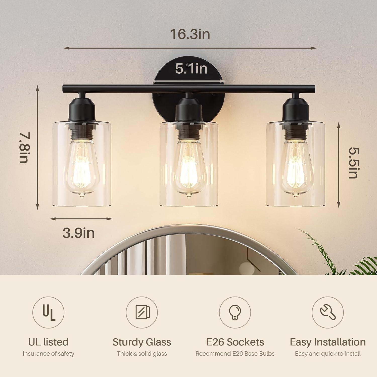 3-Light Bathroom Light Fixtures Bathroom Vanity Lights with Clear Glass Shades Matte Black Bathroom Light Fixtures over mirror for Mirror Living Room Cabinet Bedroom Porch