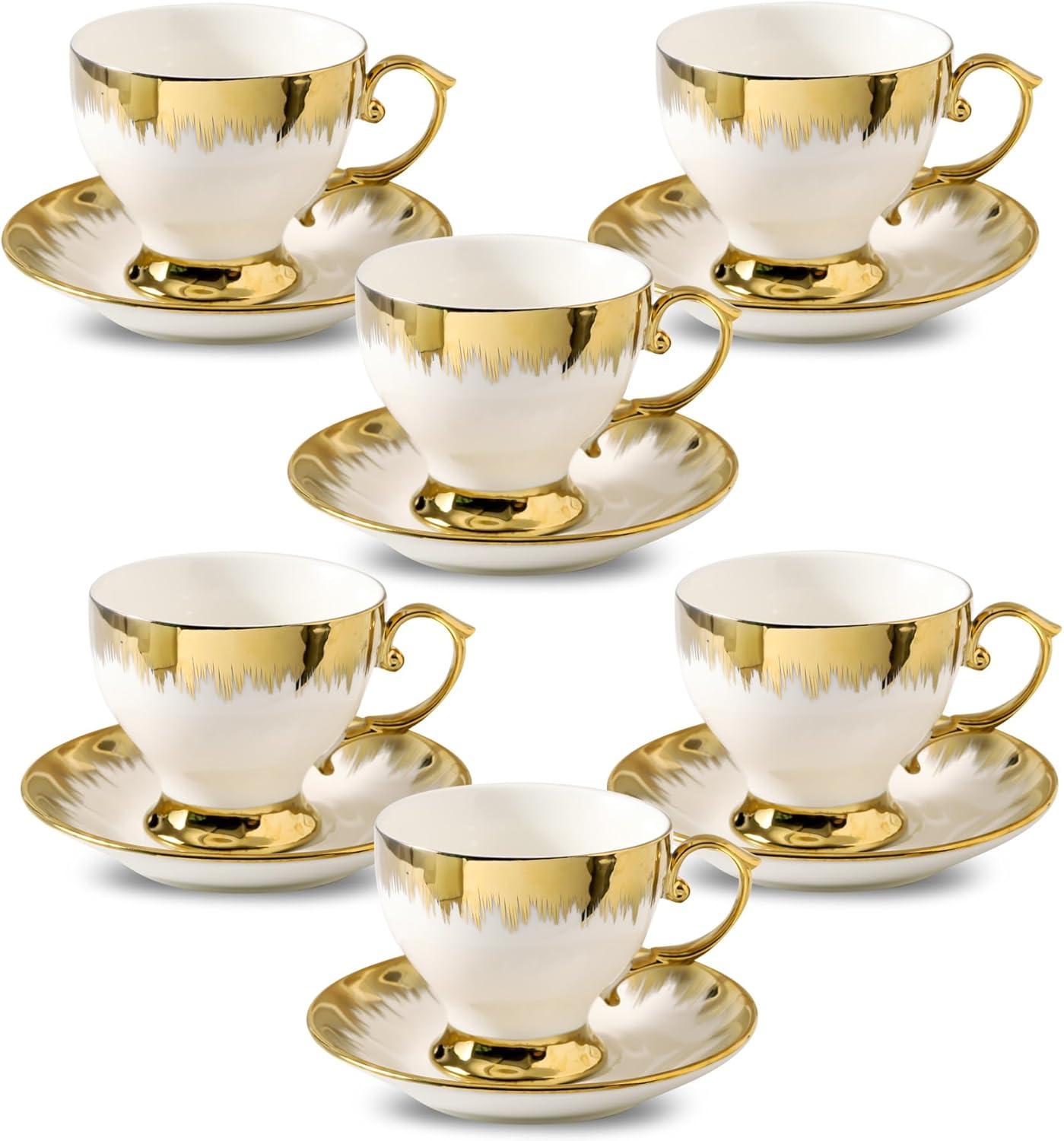 FAST APPLIANCES LLC Cappuccino Cups With Saucers, 7 Oz Porcelain Double Espresso Cups Set, Ceramic Turkish Coffee Cups With Trim, Tea Cups Set Of 6, Cafe Cups For Latte, Mocha, Au Lait